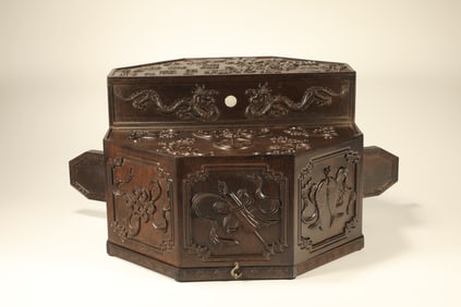 Red Sandalwood Carved Dragon and Eight Treasure Pattern Lid Box