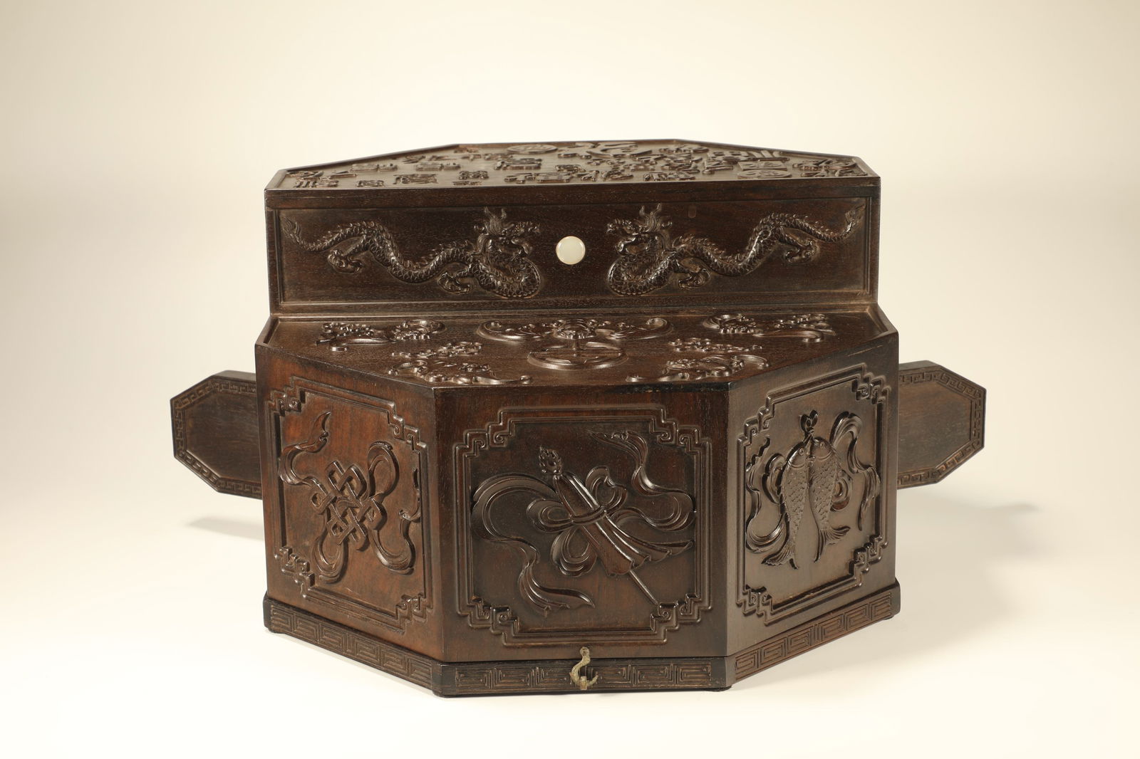 Red Sandalwood Carved Dragon and Eight Treasure Pattern Lid Box: Red Sandalwood Carved Dragon and Eight Treasure Pattern Lid Box (46 x 32 x 22cm)