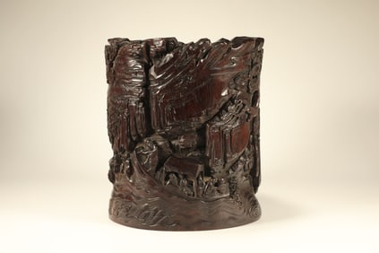 Red Sandalwood Carved Landscape and Character Story Pattern Brush Pot