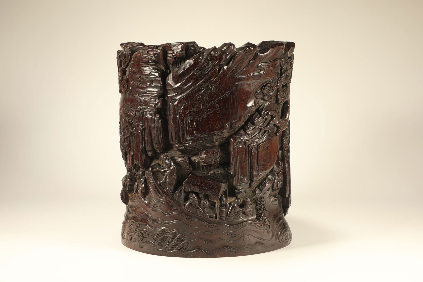 Red Sandalwood Carved Landscape and Character Story Pattern Brush Pot: Red Sandalwood Carved Landscape and Character Story Pattern Brush Pot (23 x 20cm)