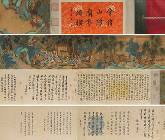 Chinese Drawing Landscape and Character Story Hand Scroll,Wen Zhengming Mark