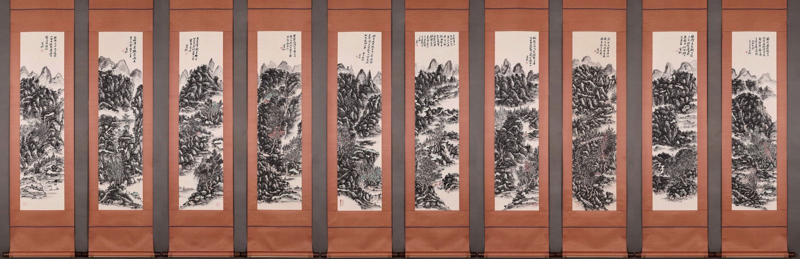 Group of Ten Chinese Drawing Landscape Painting,Huang Binhong Mark: Group of Ten Chinese Drawing Landscape Painting,Huang Binhong Mark (136 x 34cm)