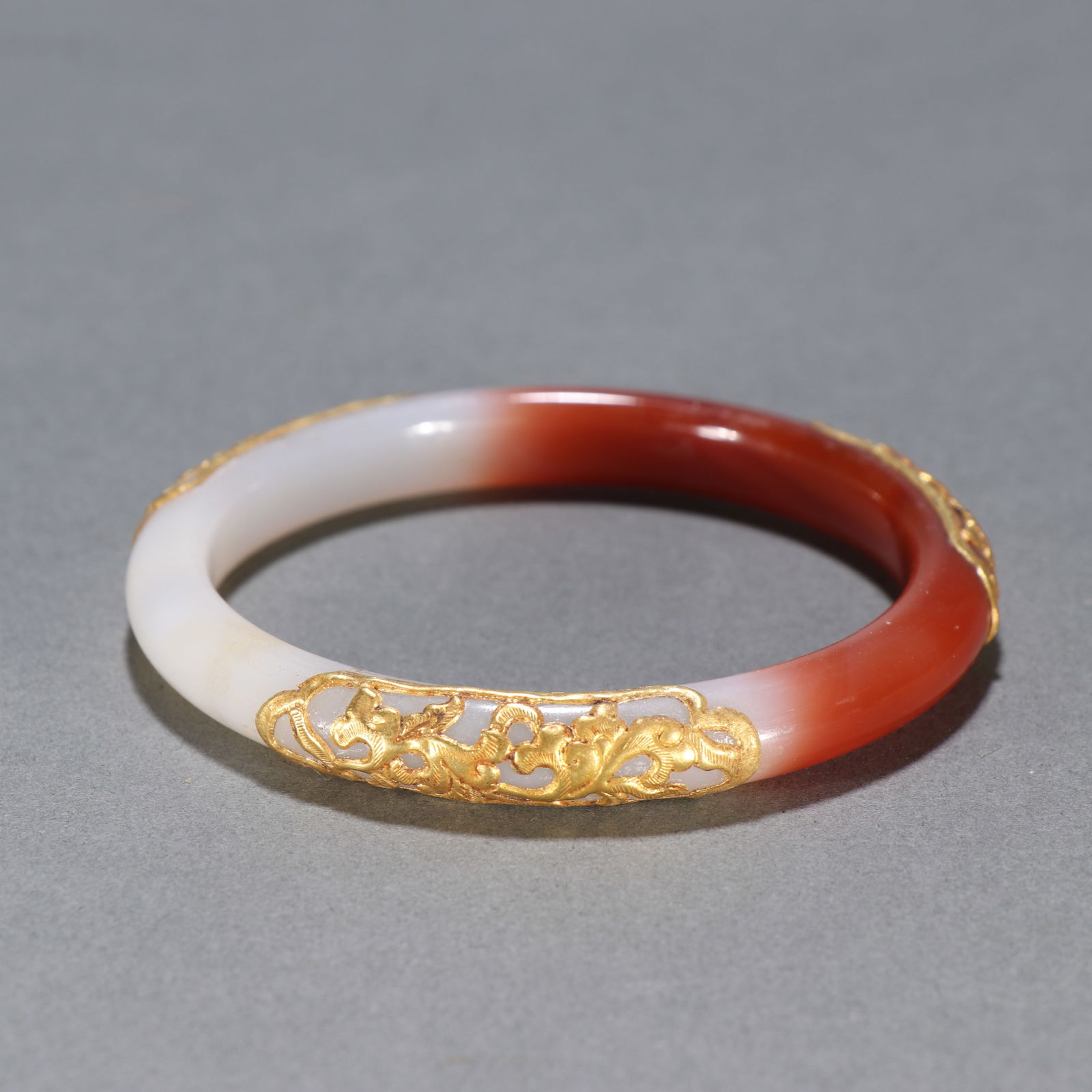 Agate Inlaid Gilt Silver Carved Flower Pattern Bangle - 5