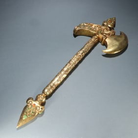 Gilt Bronze Inlaid Gem Stone Carved Flower Pattern Axe