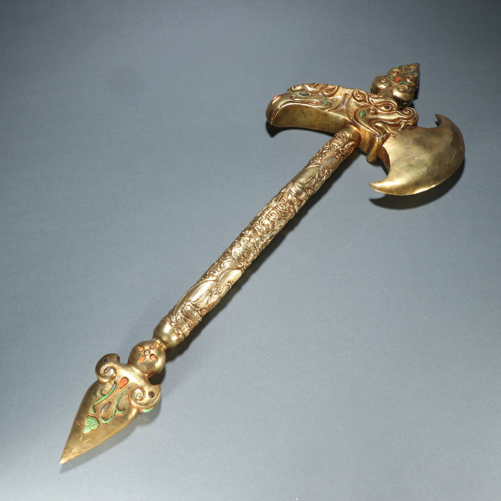 Gilt Bronze Inlaid Gem Stone Carved Flower Pattern Axe: Gilt Bronze Inlaid Gem Stone Carved Flower Pattern Axe (56 x 19.7cm)