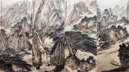 Group of Four Chinese Drawing Landscape and Character Story Painting,Fu Baoshi Mark