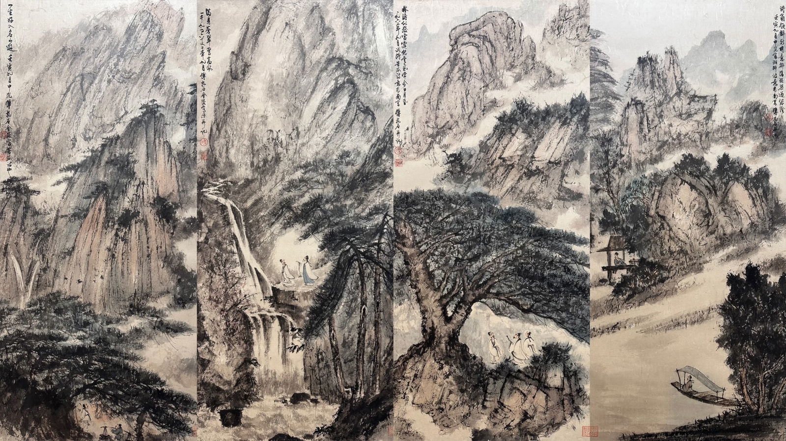 Group of Four Chinese Drawing Landscape and Character Story Painting,Fu Baoshi Mark: Group of Four Chinese Drawing Landscape and Character Story Painting,Fu Baoshi Mark (95 x 44cm)
