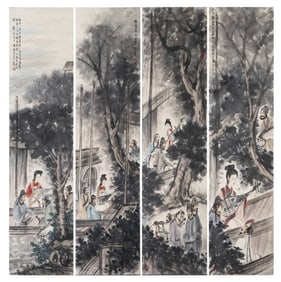 Group of Four Chinese Drawing Character Story Painting,Fu Baoshi Mark