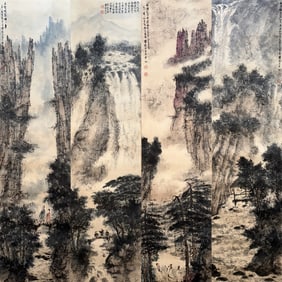 Group of Four Chinese Drawing Landscape and Character Story Painting,Fu Baoshi Mark