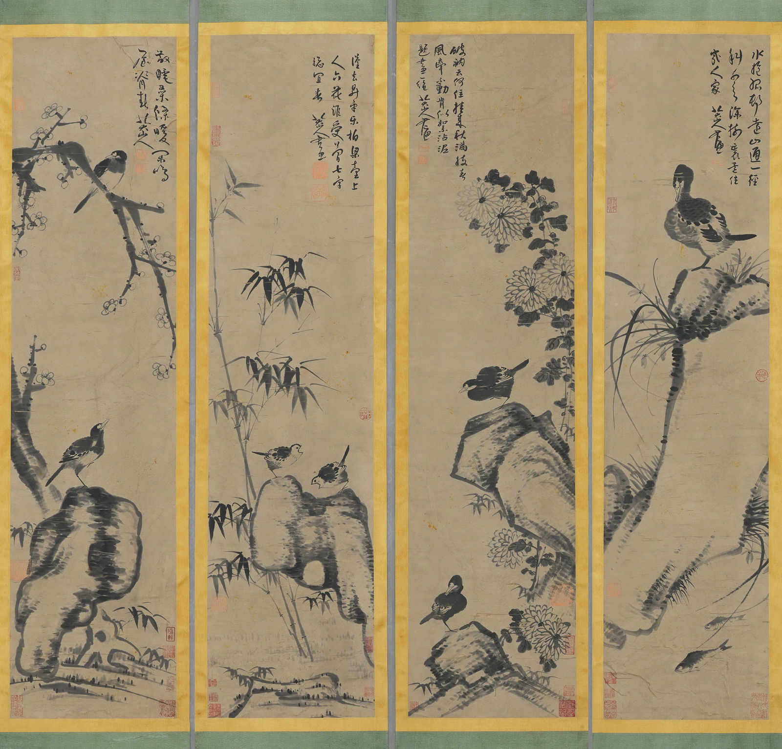 Group of Four Chinese Drawing Flower and Bird Painting,Ba Dashanren Mark (1 of 10)