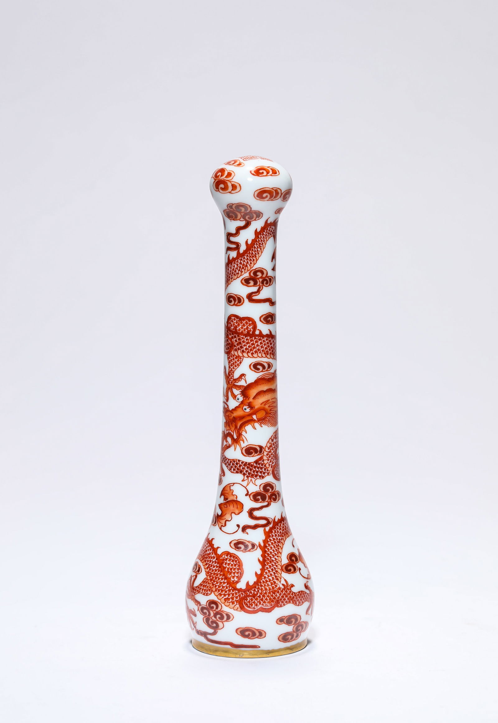 An Iron-Red 'Dragon and Clouds' Brush Handle: An Iron-Red 'Dragon and Clouds' Brush Handle (4.4 x 16.5cm)