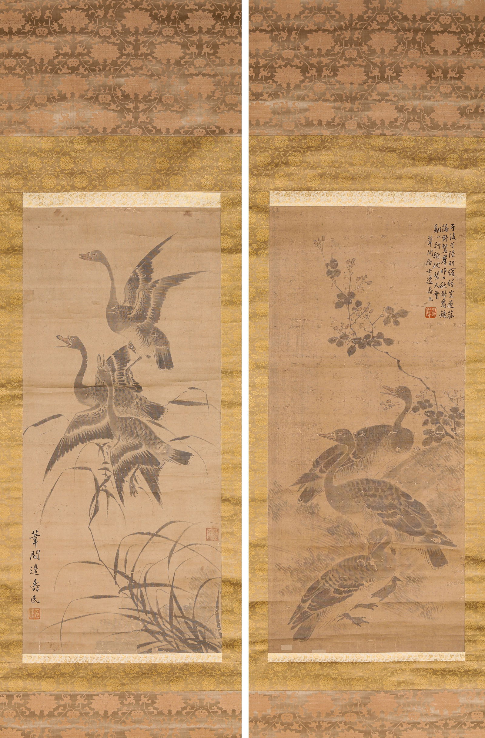 Bian Shoumin (1684-1752), attributed to, Geese in Reeds (Pair): Bian Shoumin (1684-1752), attributed to, Geese in Reeds (Pair) (53 x 120cm)