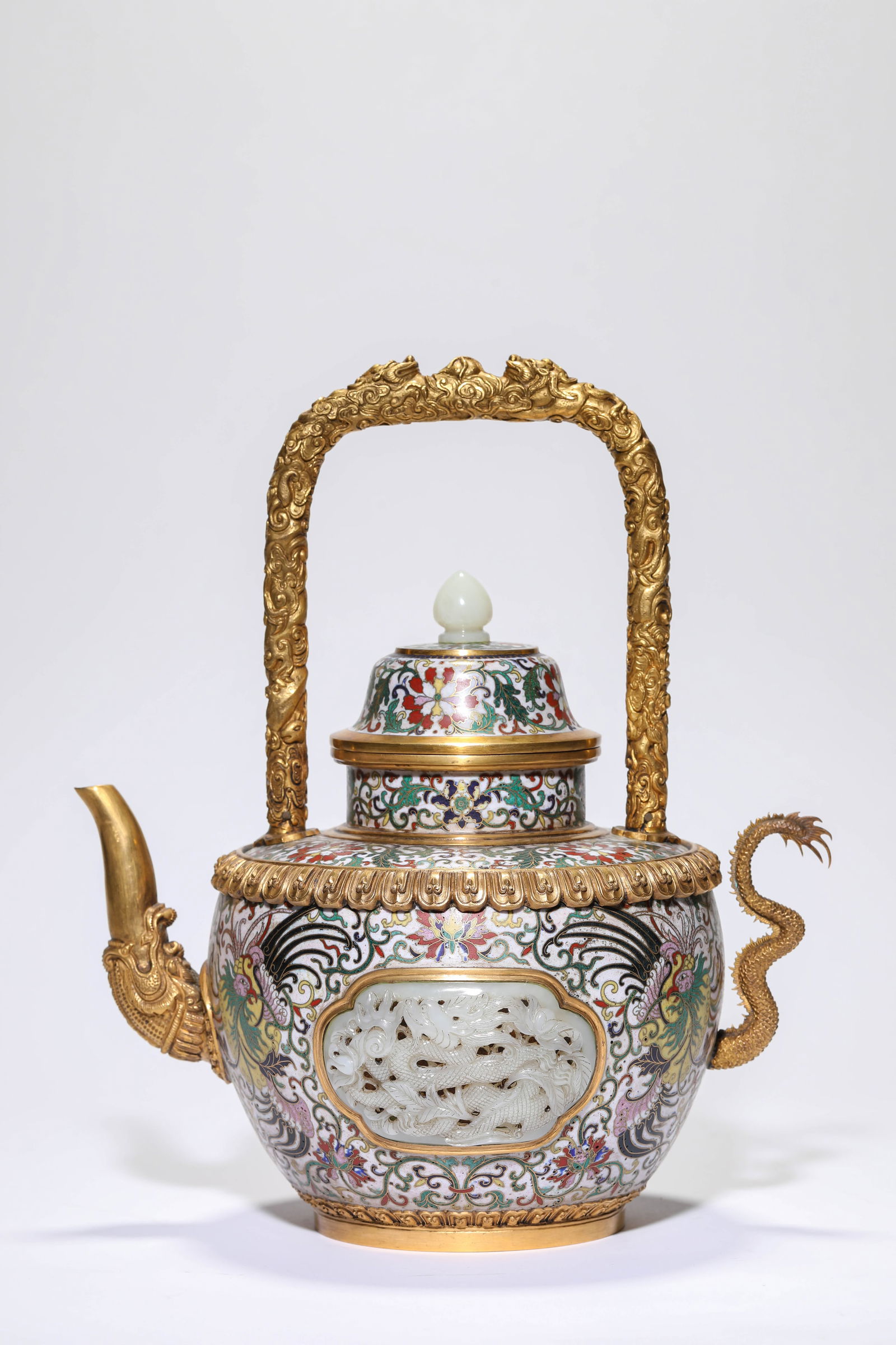 A Cloisonné Enamel and Jade-Inlaid ‘Dragon and Phoenix’ ‘Loop-Handled’ Pot: A Cloisonné Enamel and Jade-Inlaid ‘Dragon and Phoenix’ ‘Loop-Handled’ Pot (27 x 20 x 30.5cm,Weight 2712g)