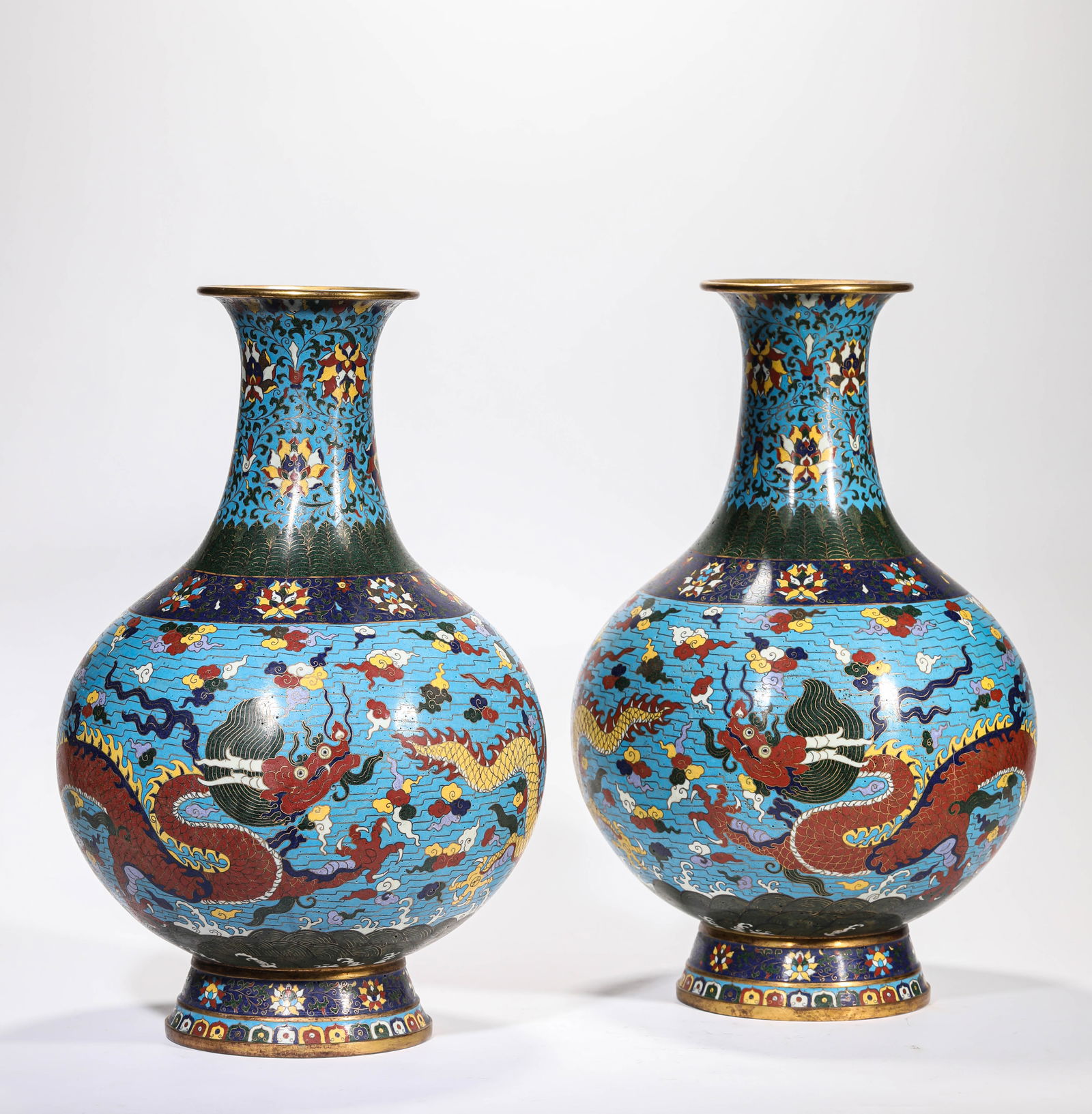 A Pair of Cloisonné Enamel ‘Dragon and Clouds’ Vases: A Pair of Cloisonné Enamel ‘Dragon and Clouds’ Vases (27 x 42.3cm,Weight 8.1kg)