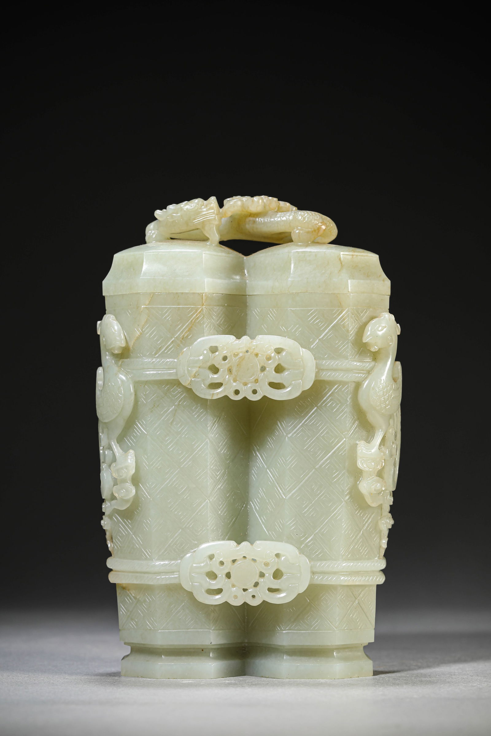 A Jade ‘Dragon and Phoenix’ Twin Vases: A Jade ‘Dragon and Phoenix’ Twin Vases (11.2 x 6.2 x 17.5cm)