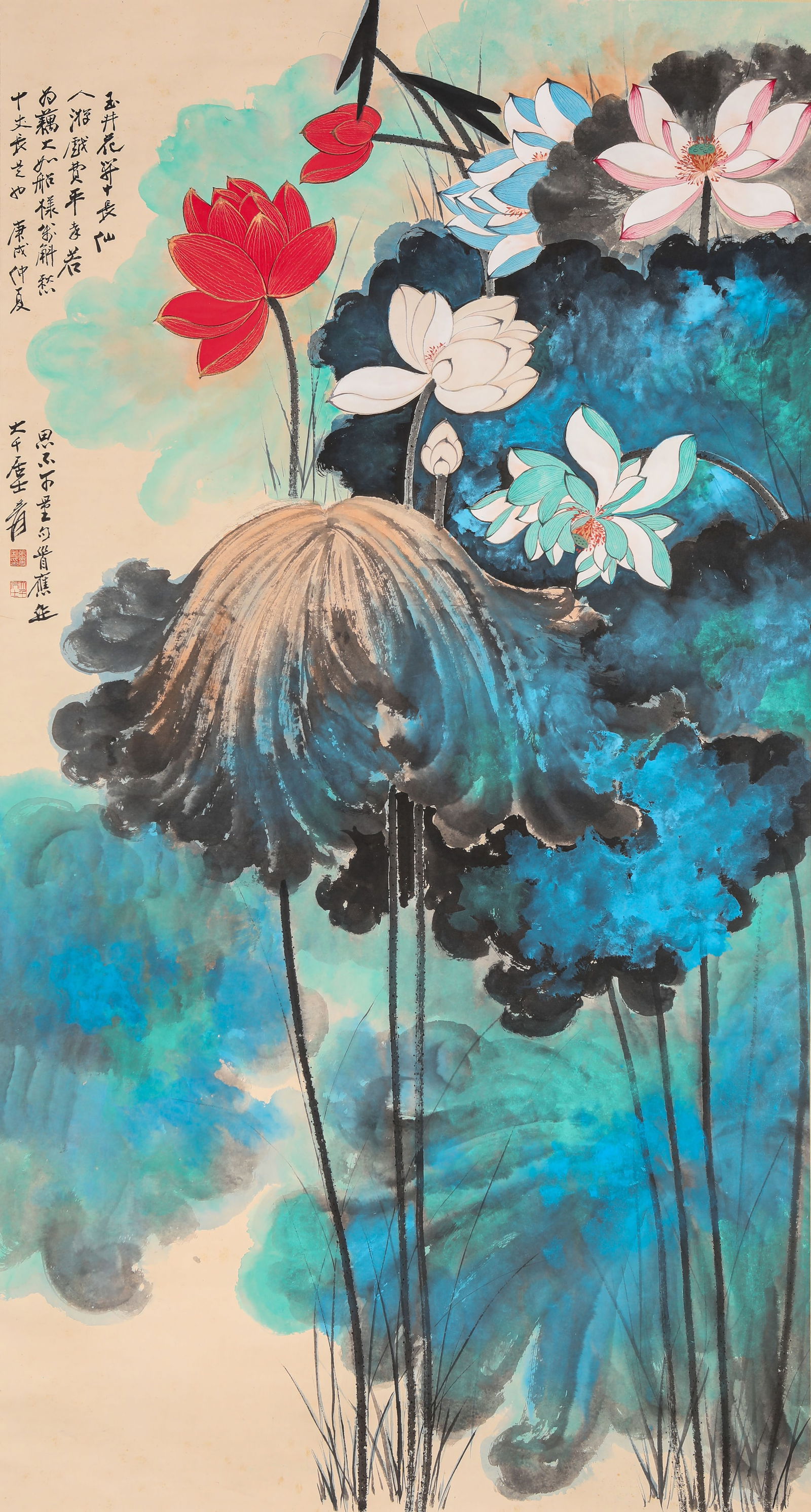 Zhang Daqian (1899-1983), attributed to, Lotus: Zhang Daqian (1899-1983), attributed to, Lotus (94 x 175cm)