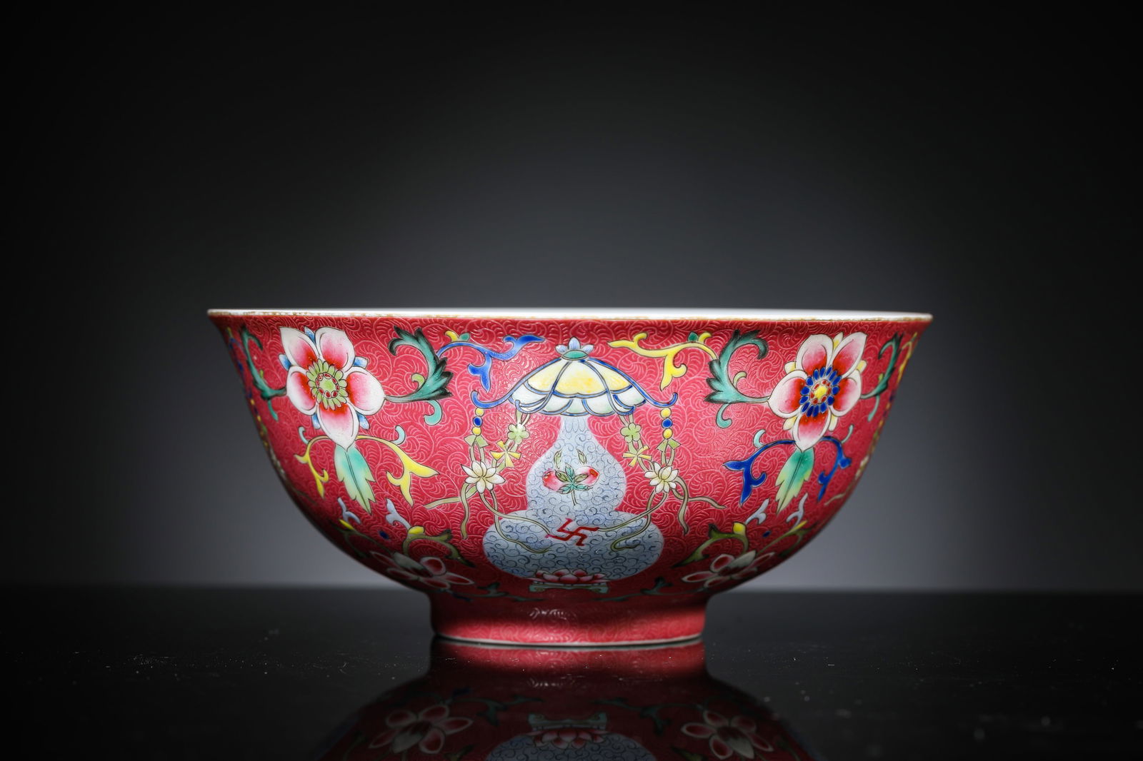 A Rouge-Ground Famille-Rose 'Floral' Bowl: A Rouge-Ground Famille-Rose 'Floral' Bowl (15.1 x 6.8cm)