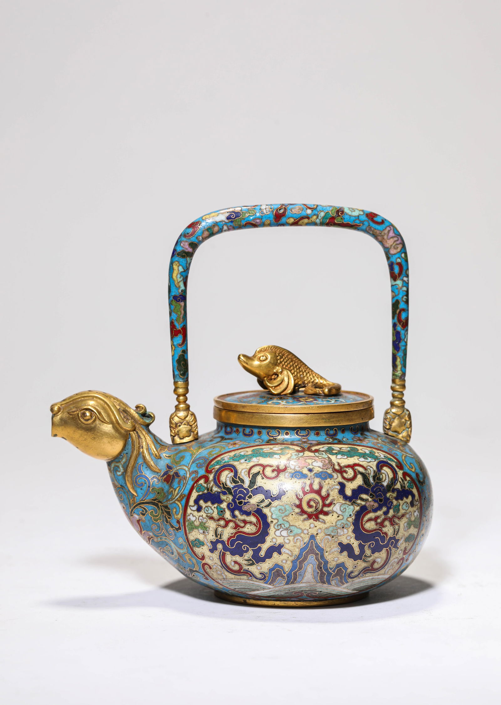 A Cloisonné Enamel ‘Two Dragons Chasing a Pearl’ ‘Loop-Handled’ Pot: A Cloisonné Enamel ‘Two Dragons Chasing a Pearl’ ‘Loop-Handled’ Pot (14.9 x 11 x 15.3cm,Weight 484g)