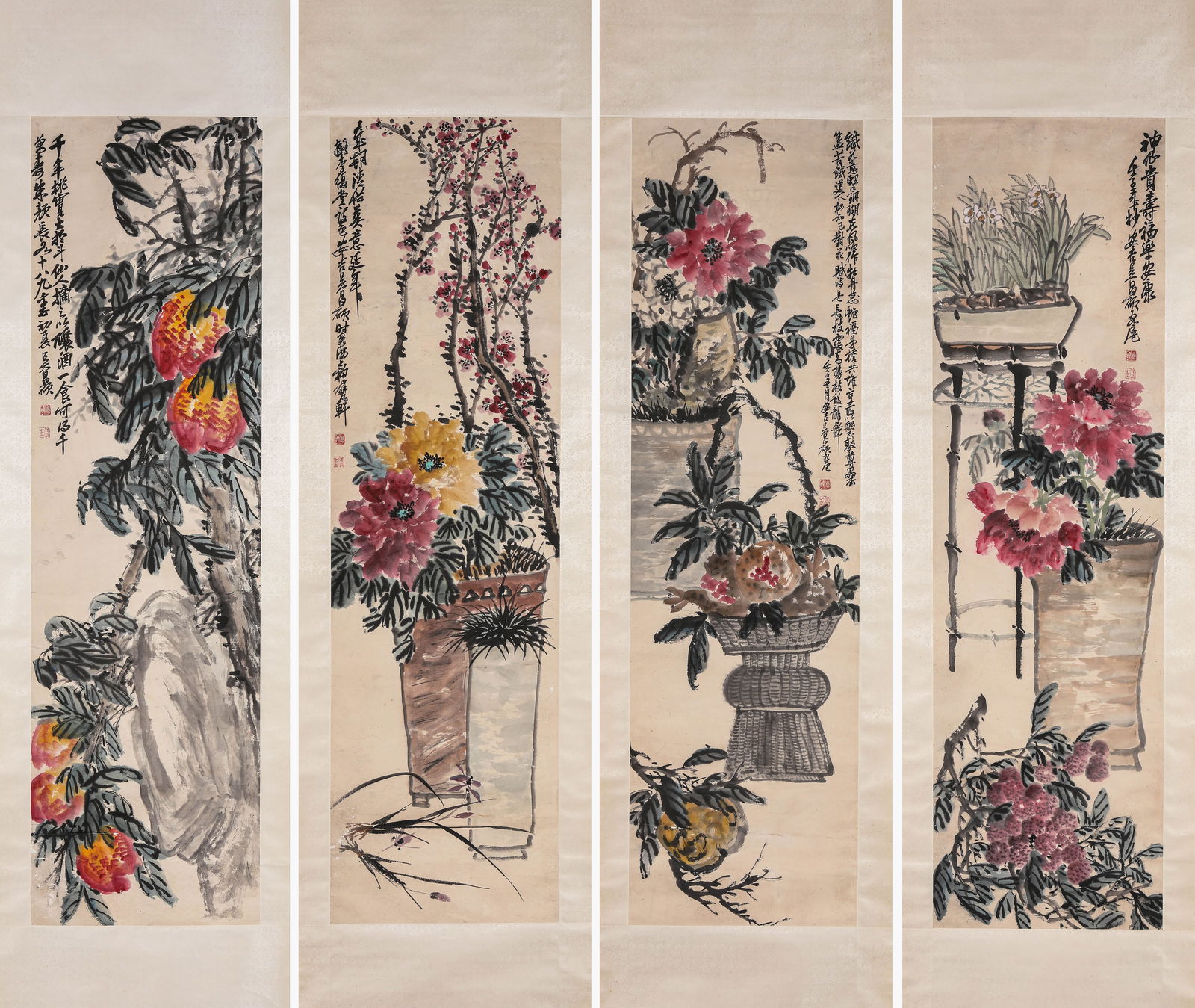 Wu Changshuo (1844-1927), attributed to, Four-Panel Screen (1 of 12)