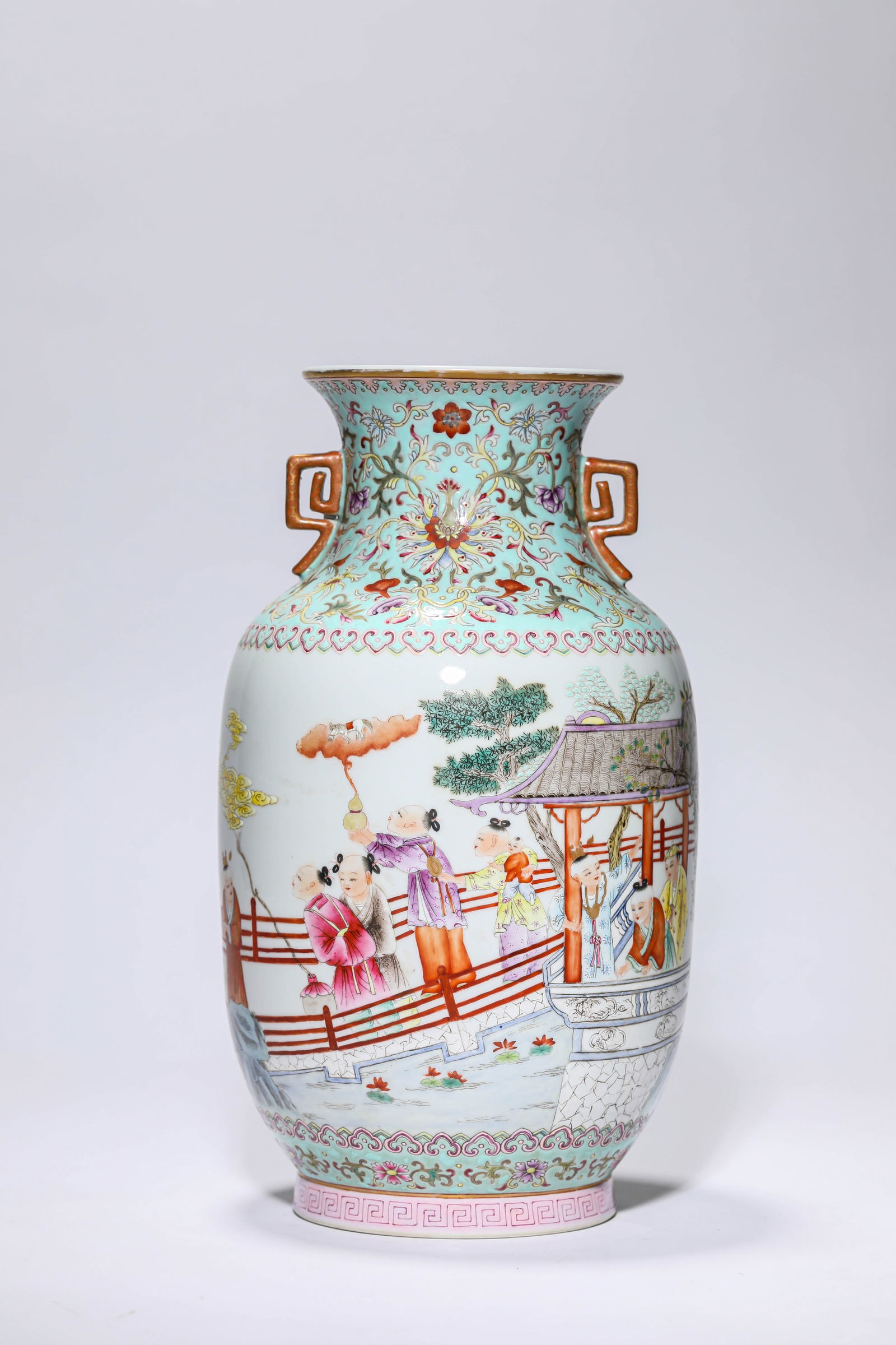 A Famille-Rose 'Children at Play' Lantern Vase: A Famille-Rose 'Children at Play' Lantern Vase (16 x 29.5cm)