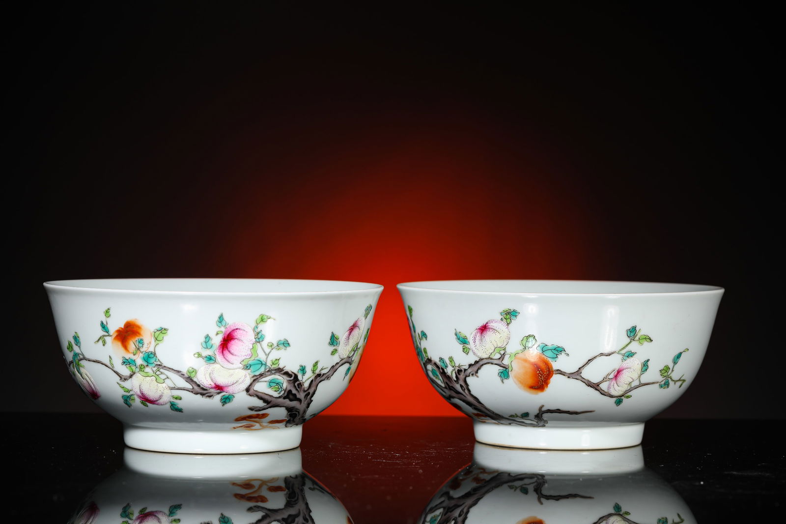 A Pair of Famille-Rose 'Melon, Fruit, Bat and Shou' Bowls: A Pair of Famille-Rose 'Melon, Fruit, Bat and Shou' Bowls (15.7 x 7.5cm)