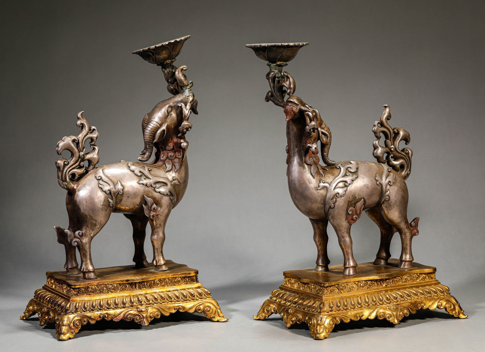 A Pair of 'Auspicious Beast' Candleholders: A Pair of 'Auspicious Beast' Candleholders (26 x 17 x 42cm,Weight 15.5kg)
