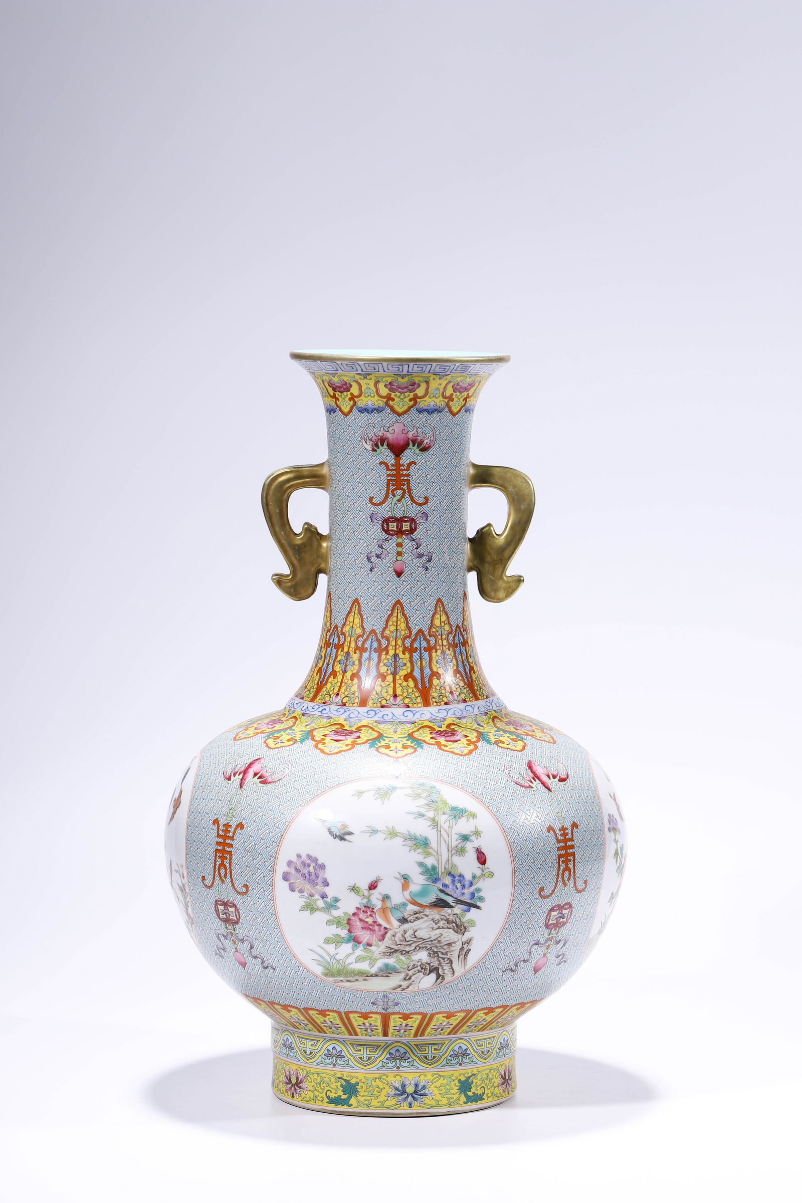 A Famille-Rose 'Bat, Shou, Flowers and Birds' Vase: A Famille-Rose 'Bat, Shou, Flowers and Birds' Vase (31.4 x 51.2cm)