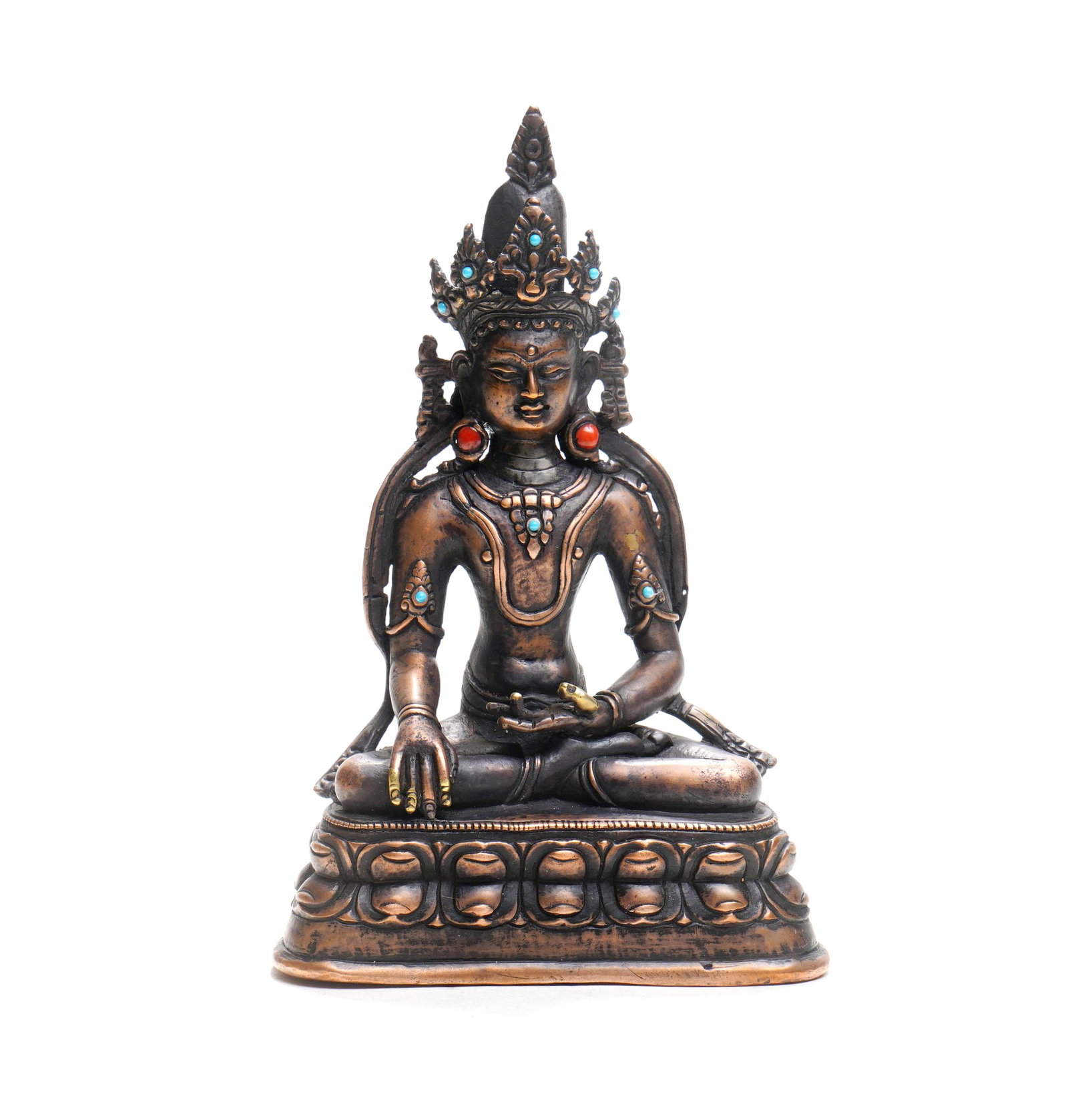 A QING DYNASTY GEM-INLAID BRONZE AMITAYUS BUDDHA FIGURE (1 of 8)