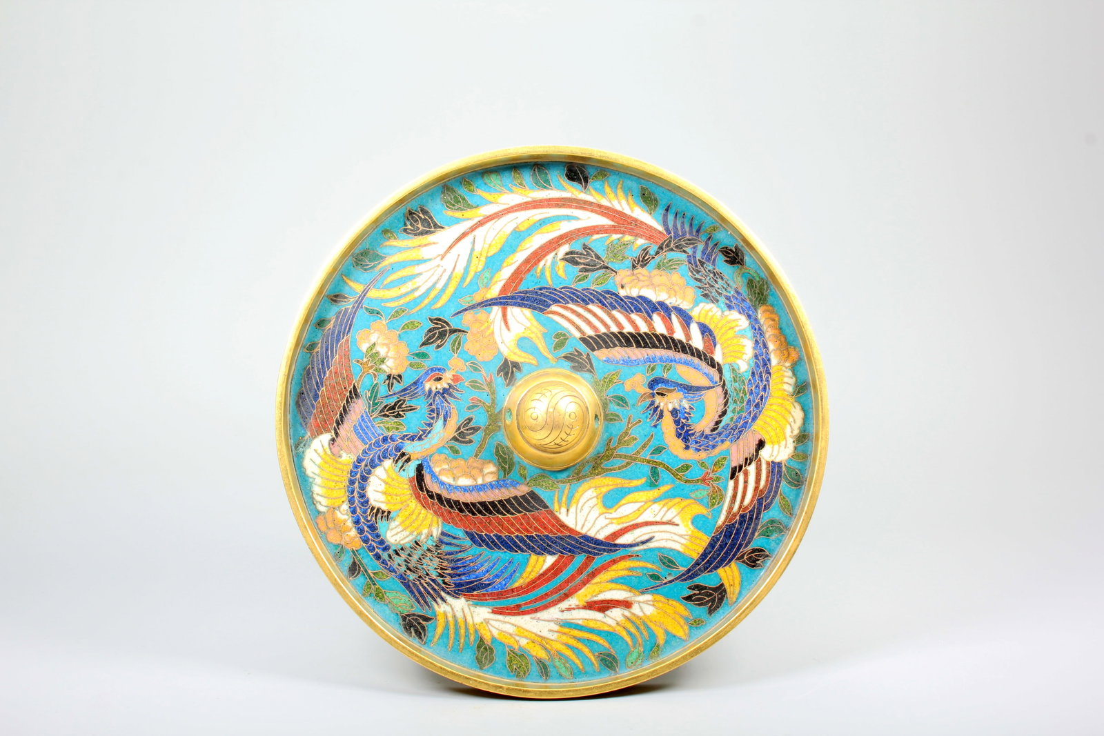 A COPPER BODY CLOISONNE ENAMEL INLAID DOUBLE PHOENIX PATTERN COPPER MIRROR (1 of 10)