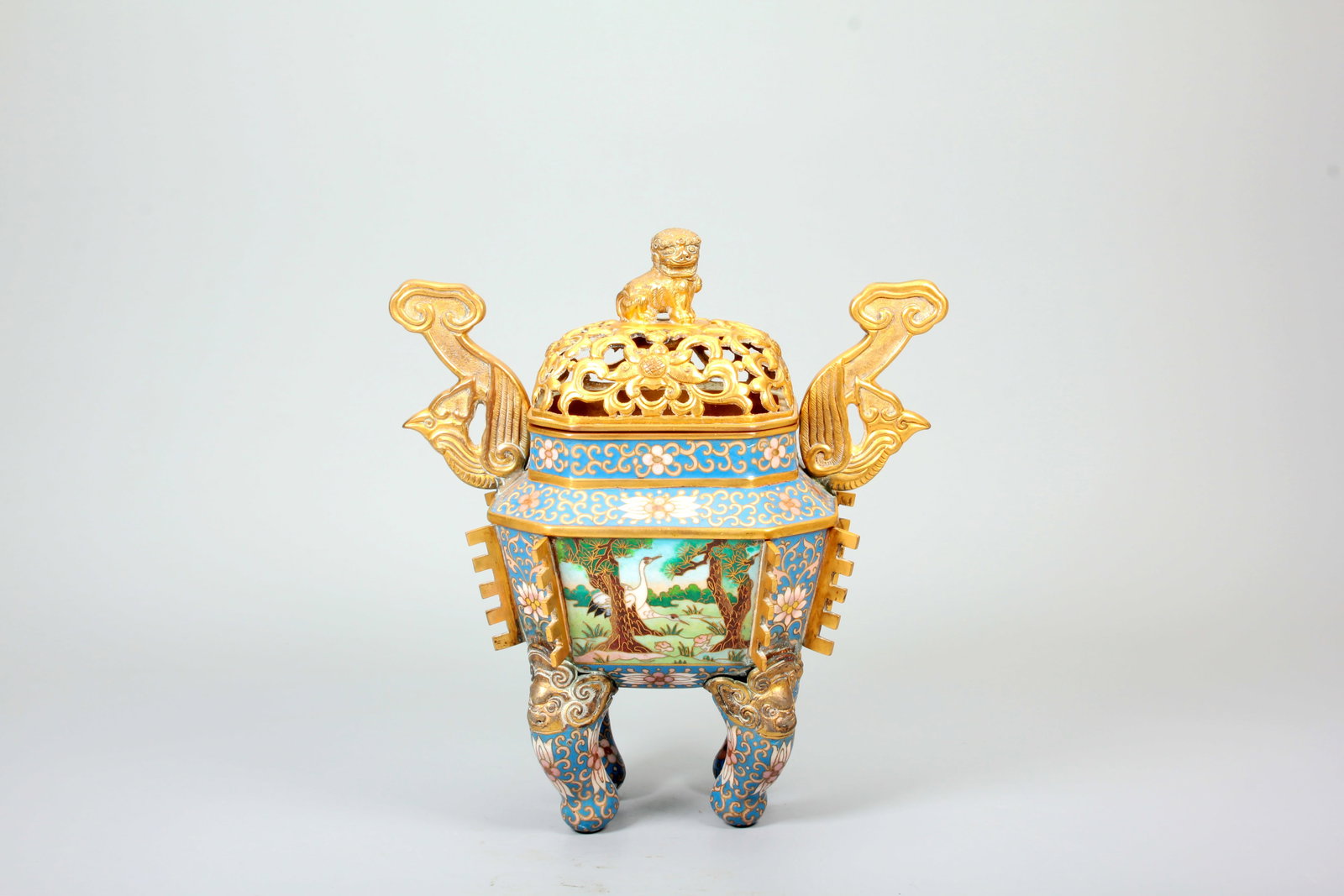 A COPPER GILT CLOISONNE ENAMEL LION KNOB PHOENIX EAR CRANE PATTERN INCENSE BURNER (1 of 15)