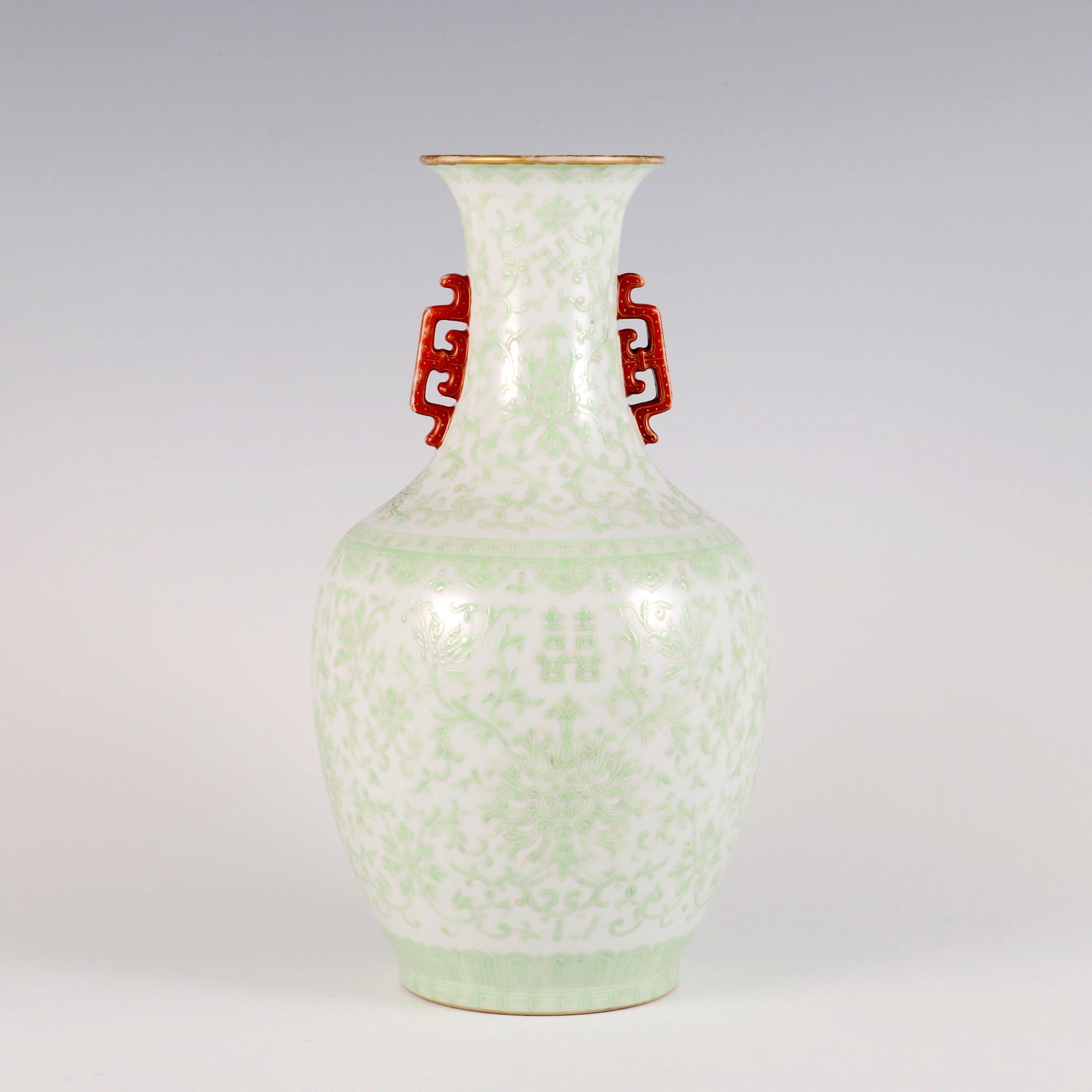 A GREEN-ENAMEL 'INTERLOCKING LOTUS AND DOUBLE HAPPINESS' DOUBLE-HANDLED DECORATIVE VASE (1 of 9)