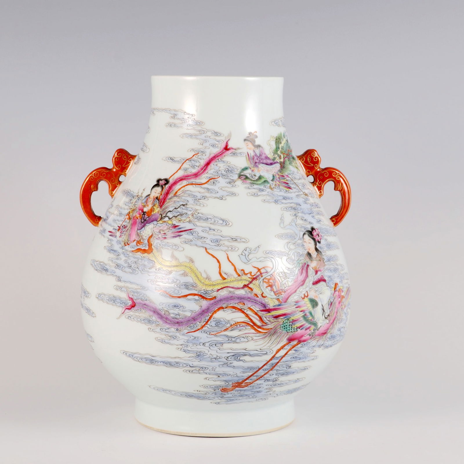 A FAMILLE ROSE 'QUEEN MOTHER OF THE WEST'S BIRTHDAY' 'RUYI'-HANDLE ZUN: A FAMILLE ROSE 'QUEEN MOTHER OF THE WEST'S BIRTHDAY' 'RUYI'-HANDLE ZUN H:28.5CM,D:20CM