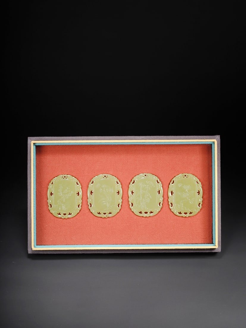 A HETIAN YELLOW JADE 'PLUM, ORCHID, BAMBOO, CHRYSANTHEMUM' PLAQUE: A HETIAN YELLOW JADE 'PLUM, ORCHID, BAMBOO, CHRYSANTHEMUM' PLAQUE 5.8*4.7*0.6CM