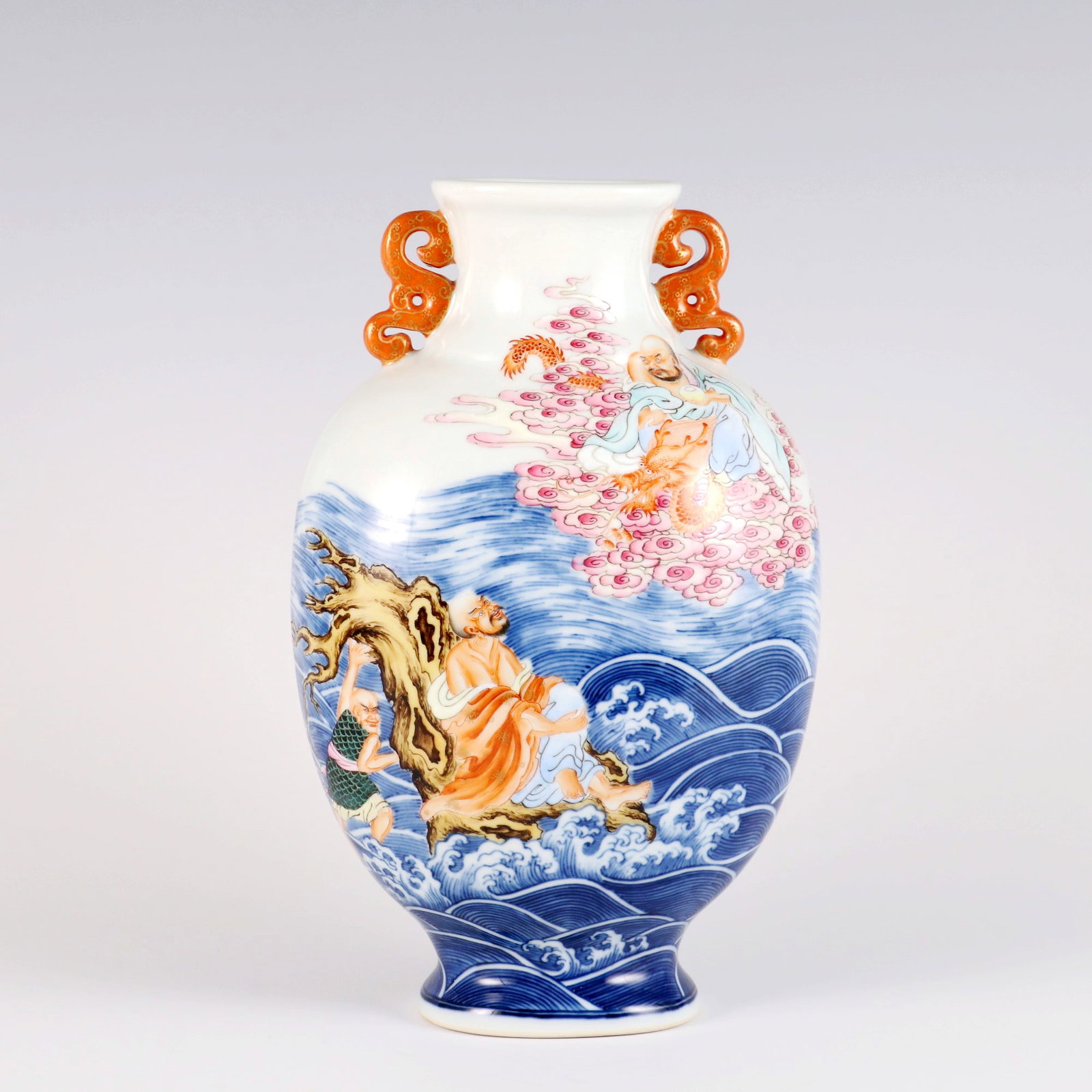 A FAMILLE ROSE 'ARHATS FERRYING SOULS' DOUBLE-HANDLED FLATTENED VASE (1 of 9)