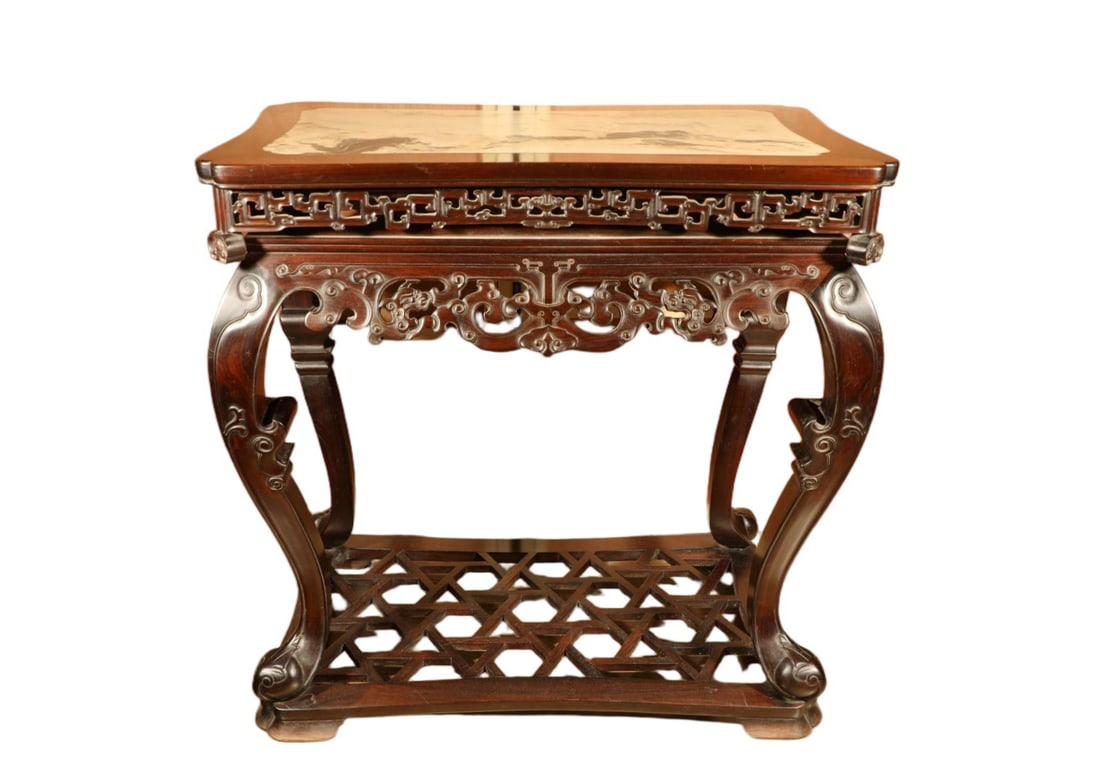 A ZITAN DRAGON-CARVED MARBLE-INLAID ALTAR TABLE (1 of 6)