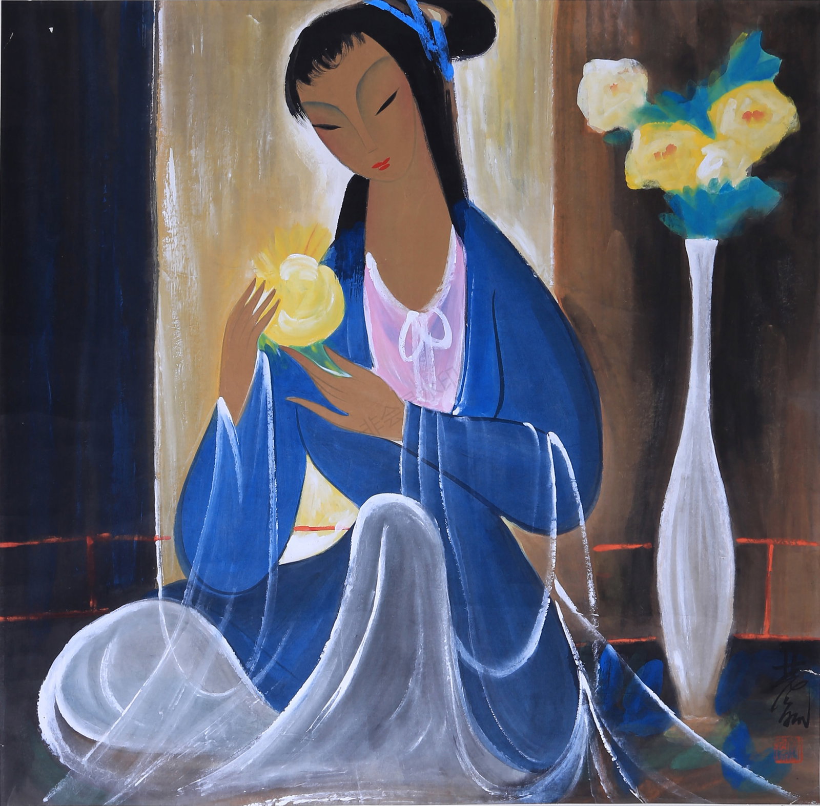 A CHINESE HAND PAINTING WITH THE MARK OF LIN FENGMIAN: A CHINESE HAND PAINTING WITH THE MARK OF LIN FENGMIAN 68*68CM
