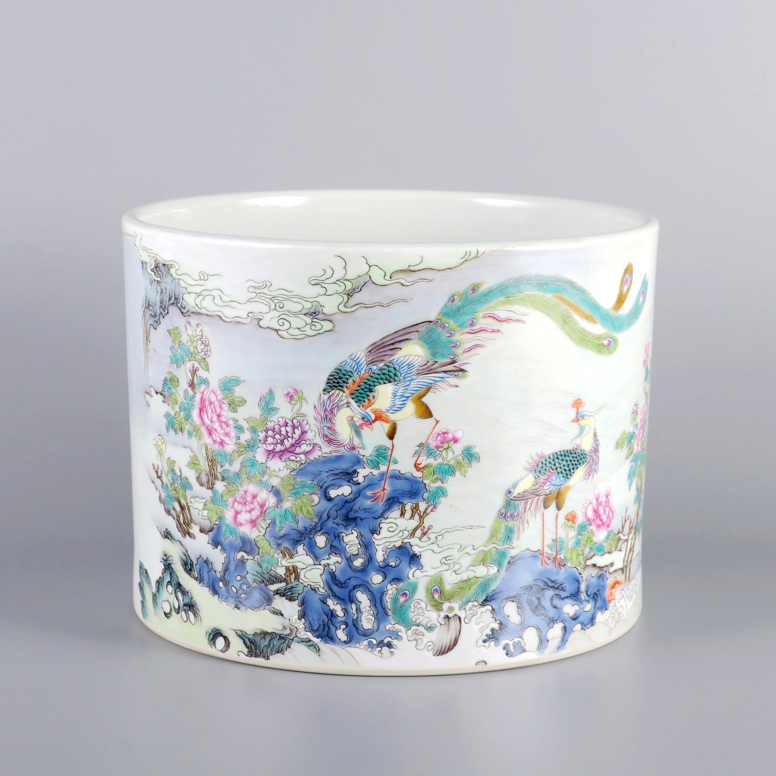 A FAMILLE ROSE 'PHOENIX AND PEONY' BRUSHPOT (1 of 9)