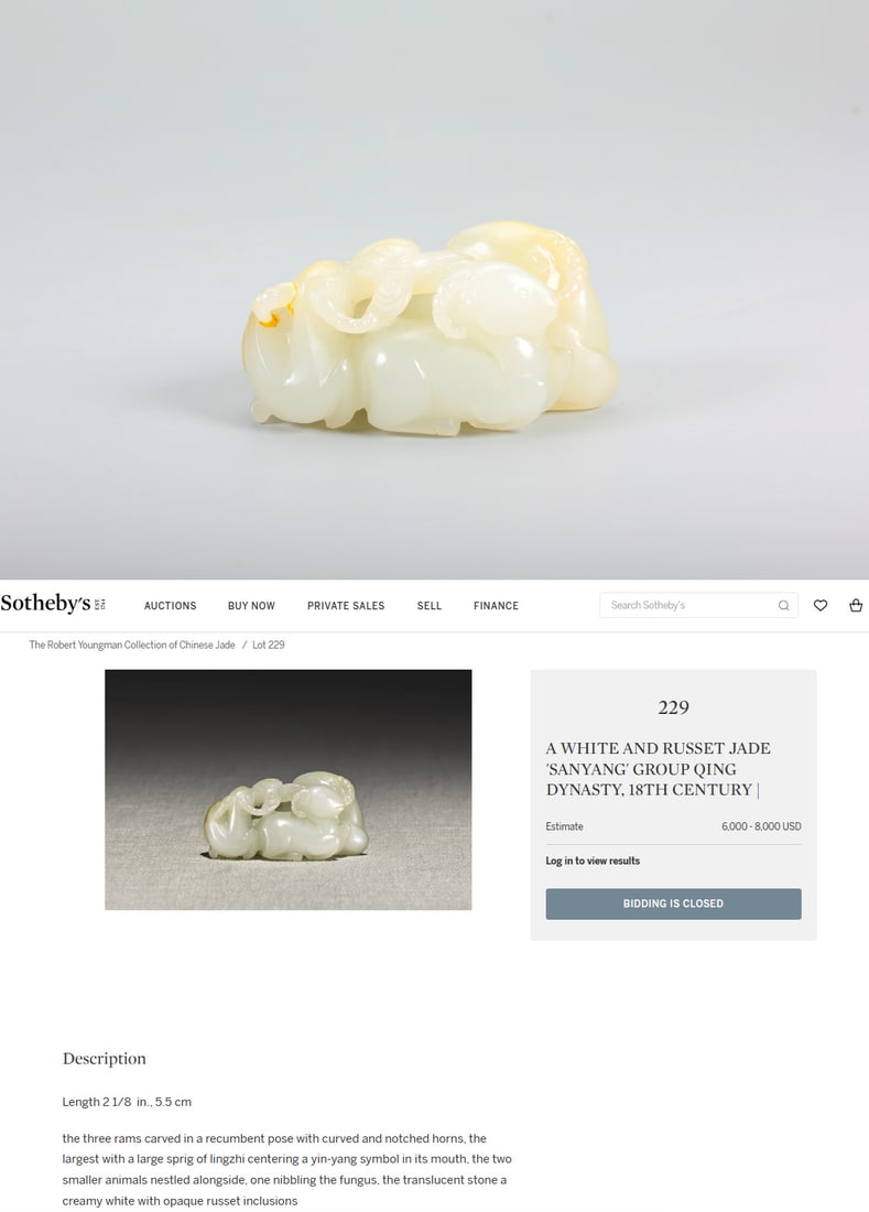 A WHITE AND RUSSET JADE 'SANYANG' GROUP QING DYNASTY, 18TH CENTURY: A WHITE AND RUSSET JADE 'SANYANG' GROUP QING DYNASTY, 18TH CENTURY H:2.7CM,L:5.5CM,W:2.8CMTHE THREE RAMS CARVED IN A RECUMBENT POSE WITH CURVED AND NOTCHED HORNS, THE LARGEST WITH A LARGE SPRIG OF LIN