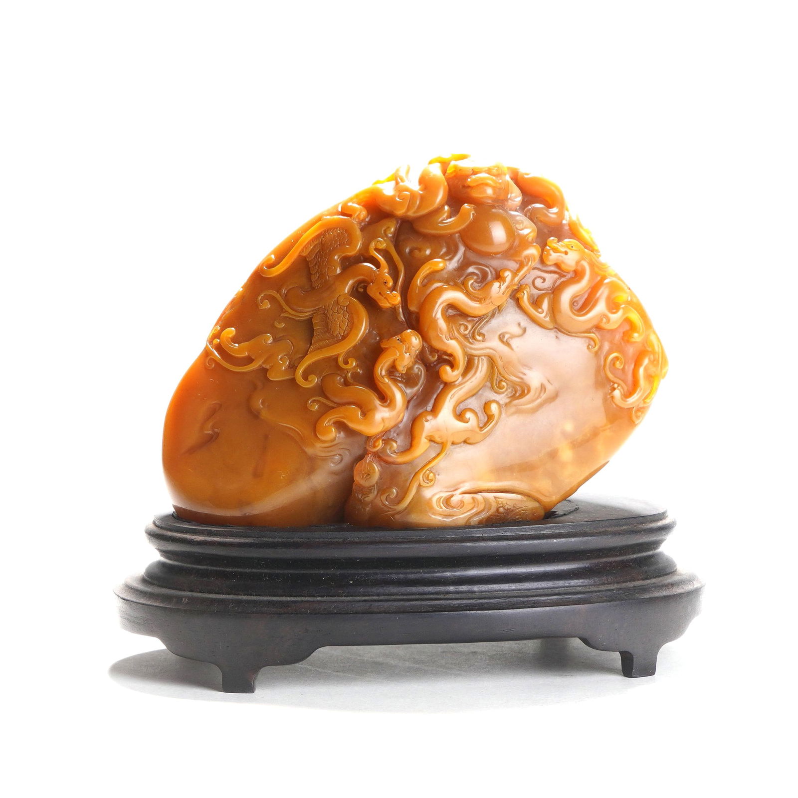 A QING DYNASTY TIANHUANG STONE 'DRAGONS CAVORTING WITH A PEARL' CARVING (1 of 10)