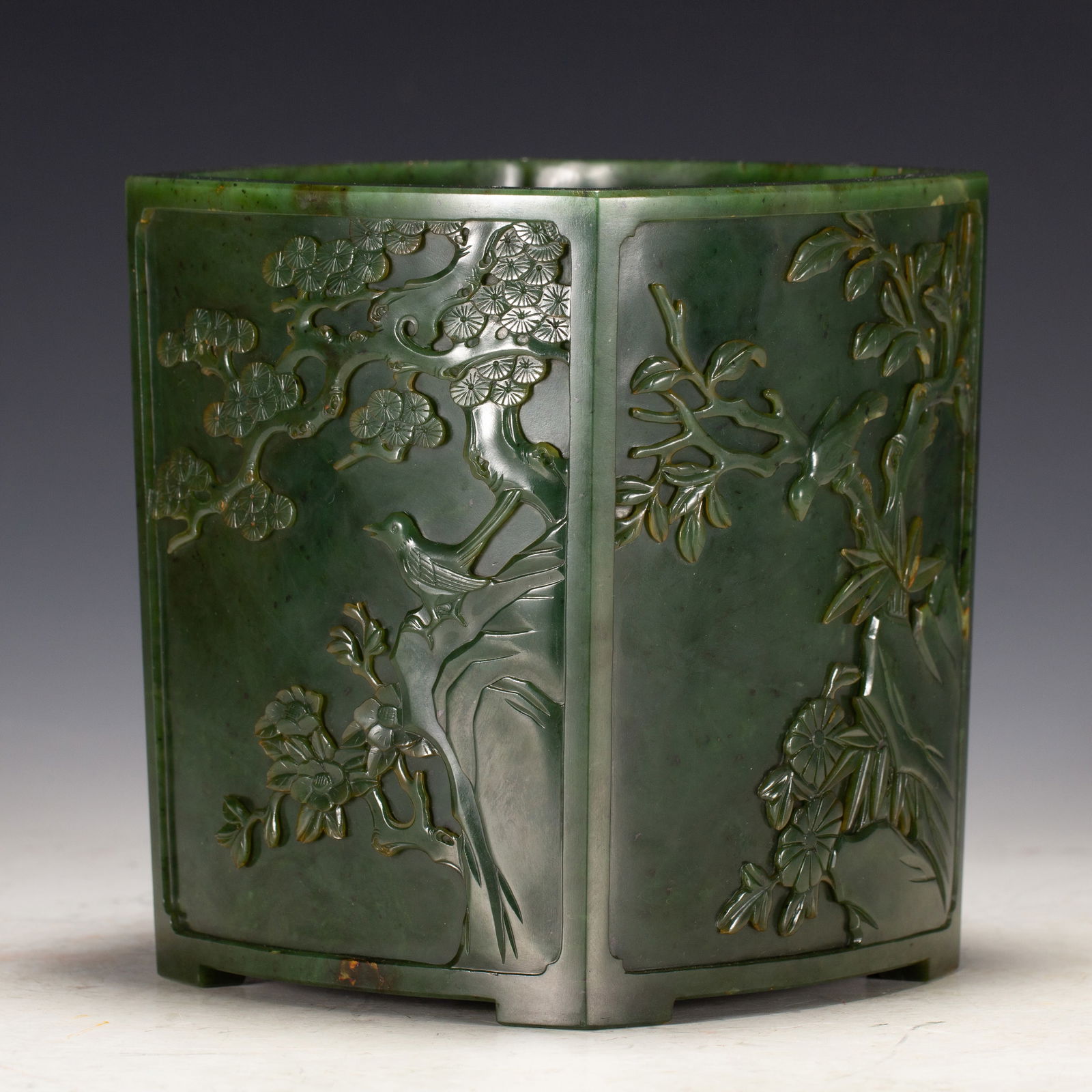 Jasper Jade Carved Flower and Bird Pattern Brush Pot: Jasper Jade Carved Flower and Bird Pattern Brush Pot (15.5 x 15.5 x 16.5cm,Weight 2550g)