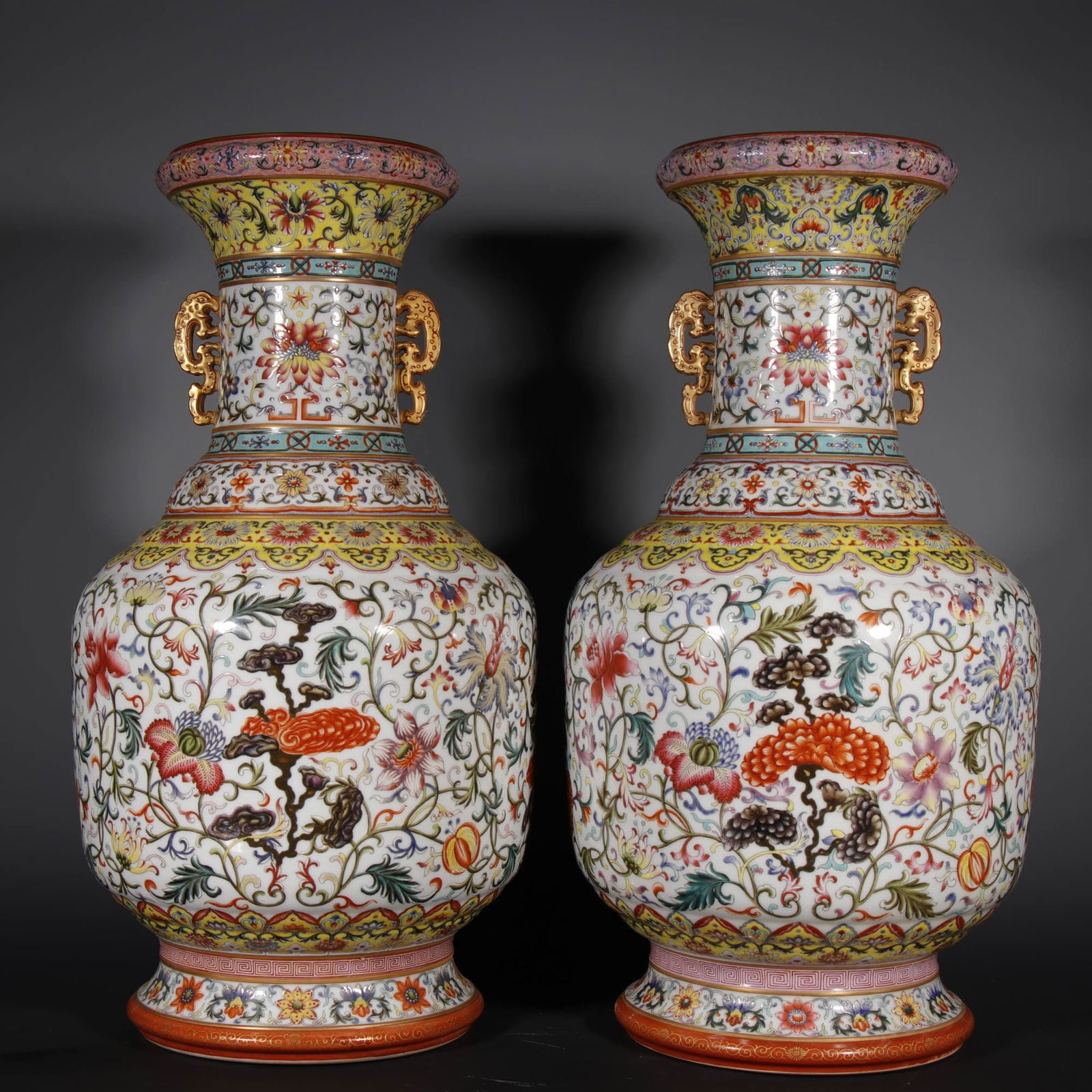 Pair of Enamel Drawing Flower Pattern Porcelain Double Dragon Ears Vase: Pair of Enamel Drawing Flower Pattern Porcelain Double Dragon Ears Vase (60 x 23cm)