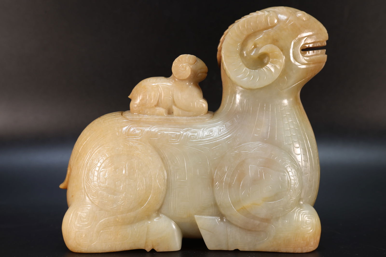 Jade Carved Beast Face Pattern Ram Shape Figure: Jade Carved Beast Face Pattern Ram Shape Figure (16 x 15 x 7.5cm)