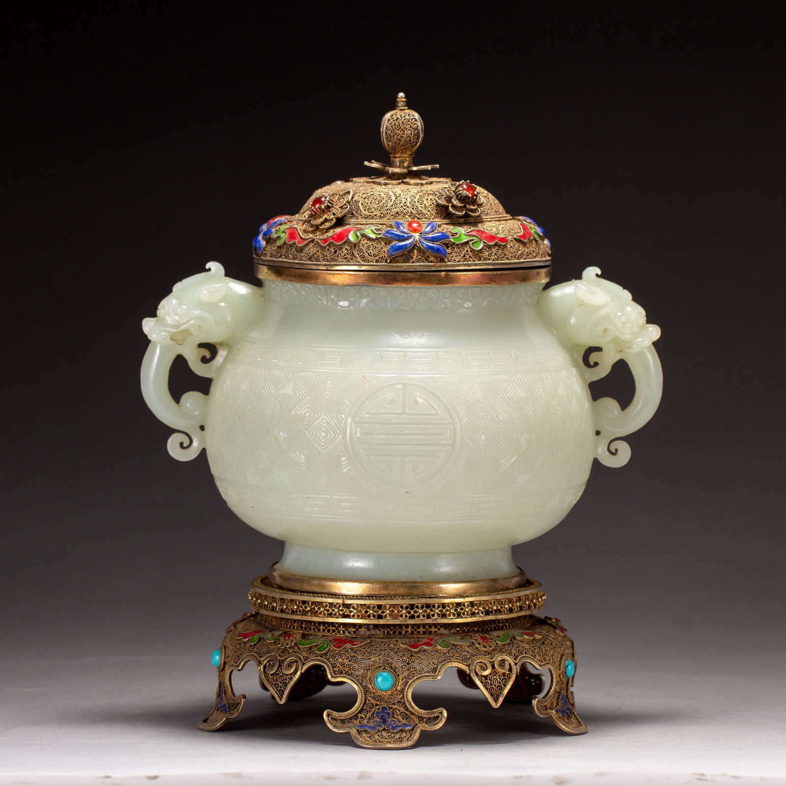 Jade Inlaid Gilt Silver and Gem Stone Carved Shou Pattern Double Beast Ears Incense Burner (1 of 8)