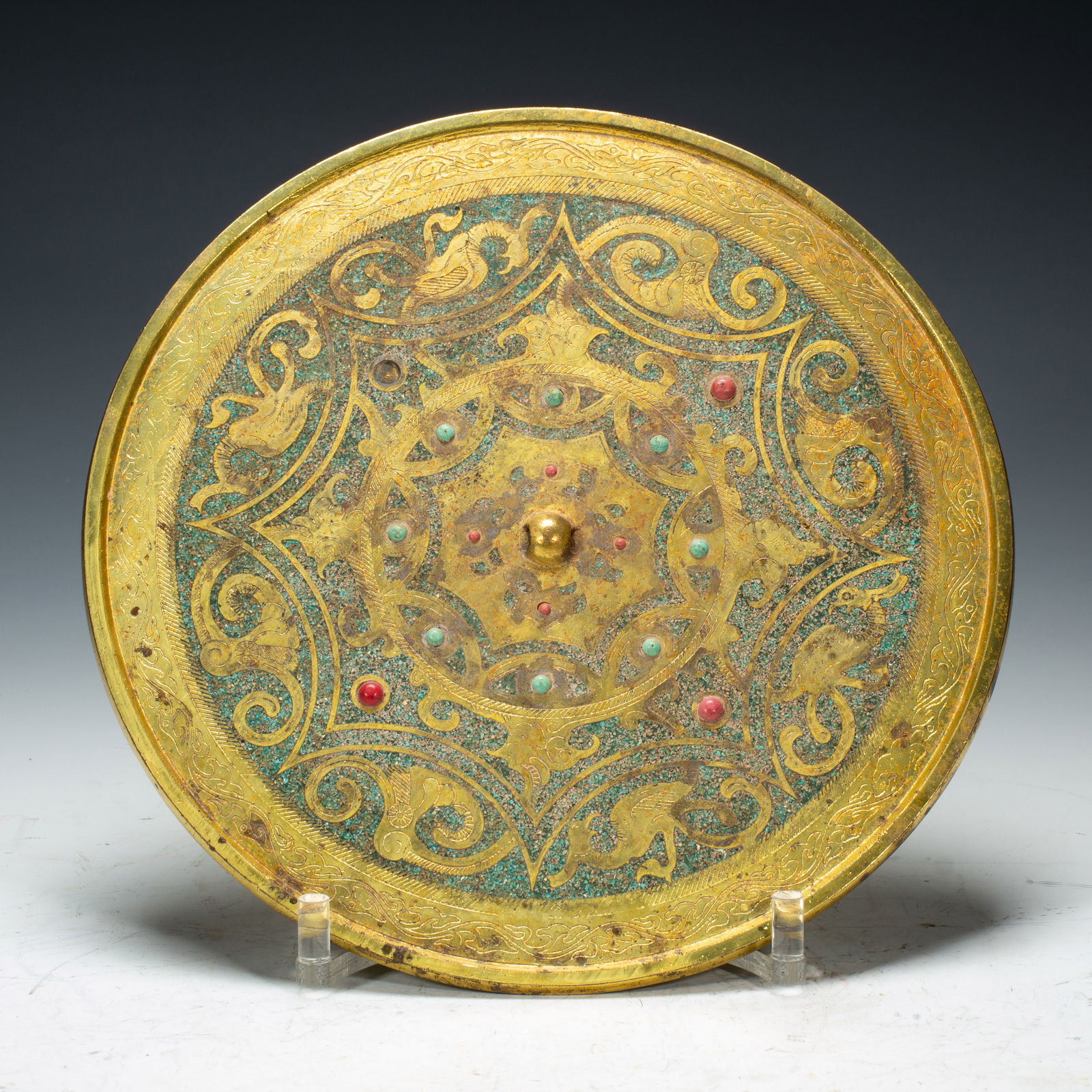 Chinese Bronze Gold and Silver Inlaid Gem Stone Carved Flower Pattern Mirror: Chinese Bronze Gold and Silver Inlaid Gem Stone Carved Flower Pattern Mirror (29.5 x 29.5cm,Weight 2520g)