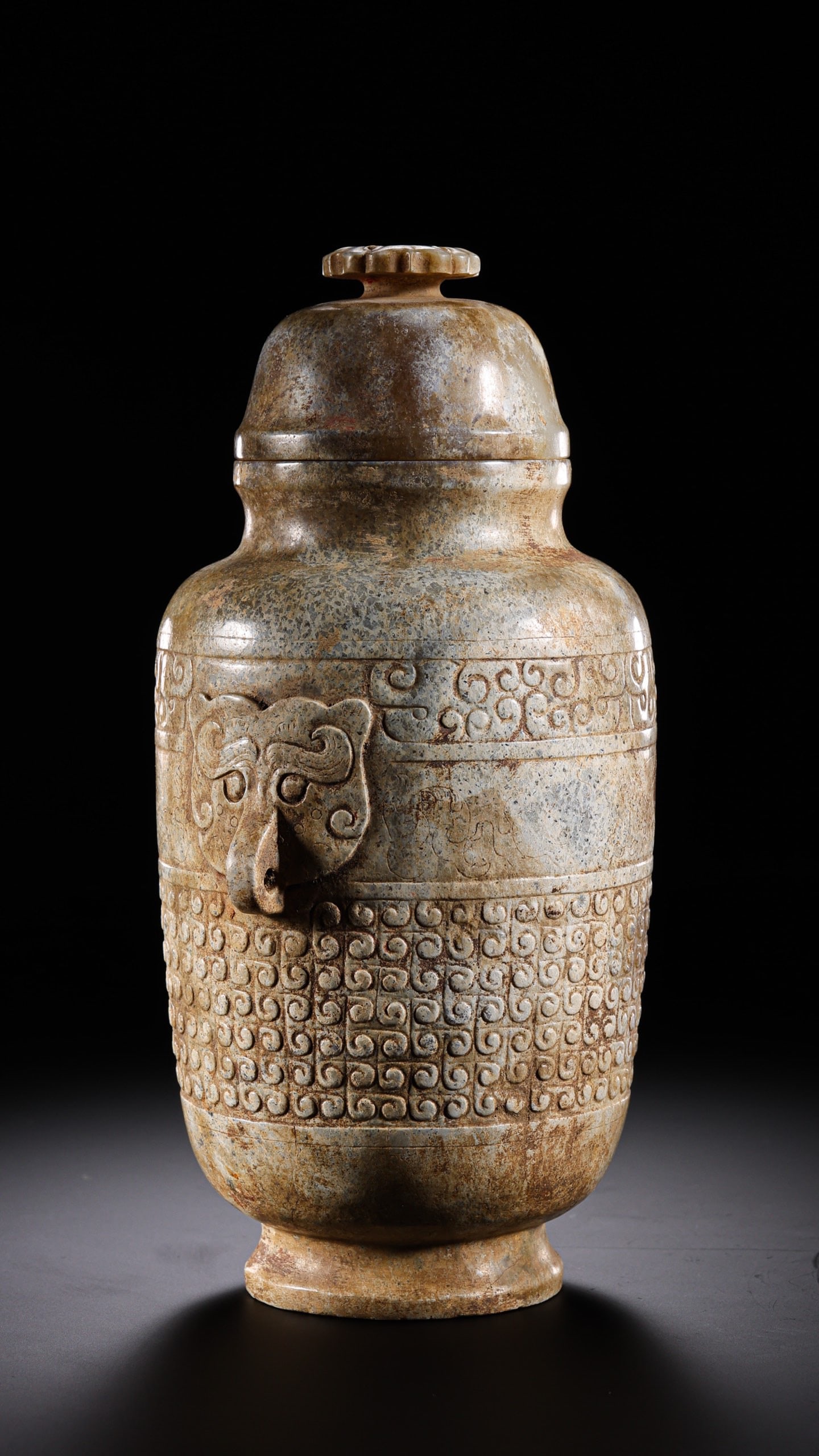 Jade Carved Cloud Pattern Double Beast Face Ears Lid Pot - 10