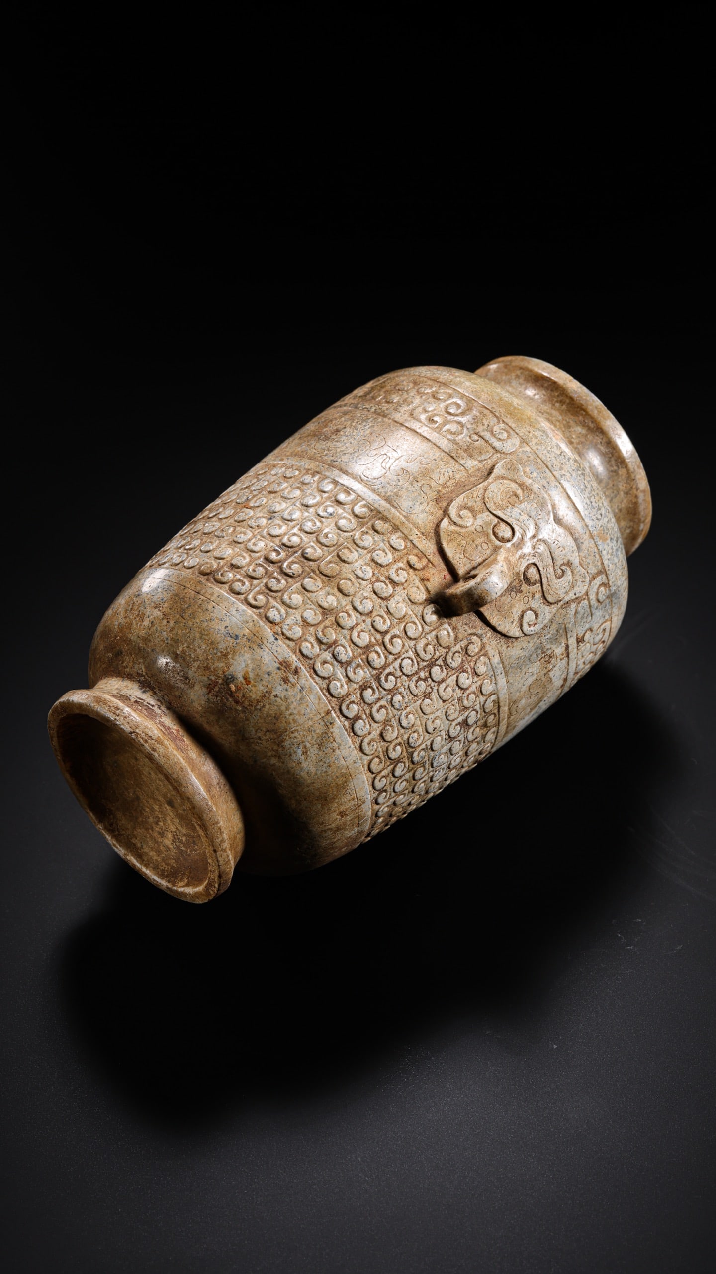 Jade Carved Cloud Pattern Double Beast Face Ears Lid Pot - 4