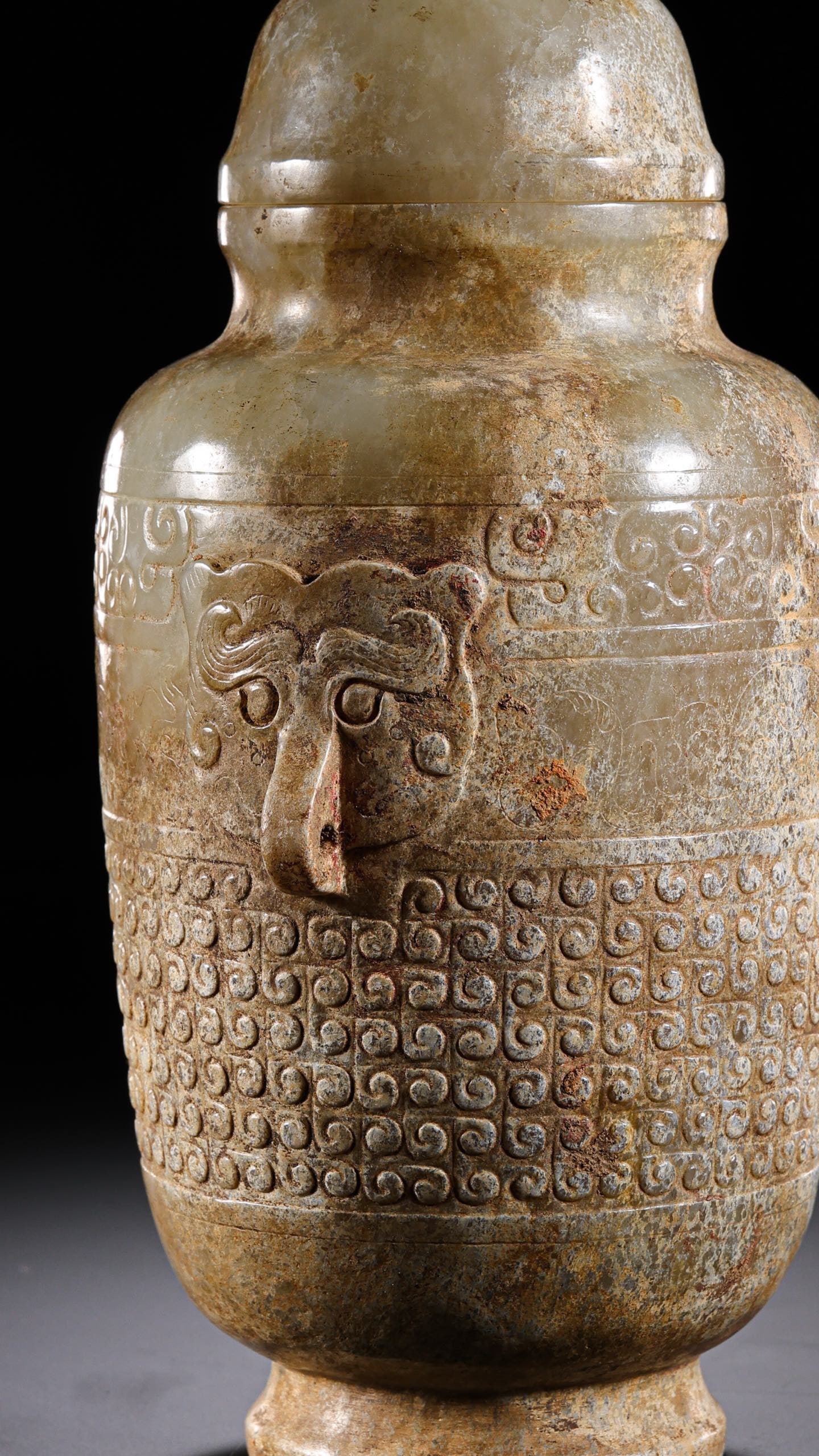 Jade Carved Cloud Pattern Double Beast Face Ears Lid Pot - 6