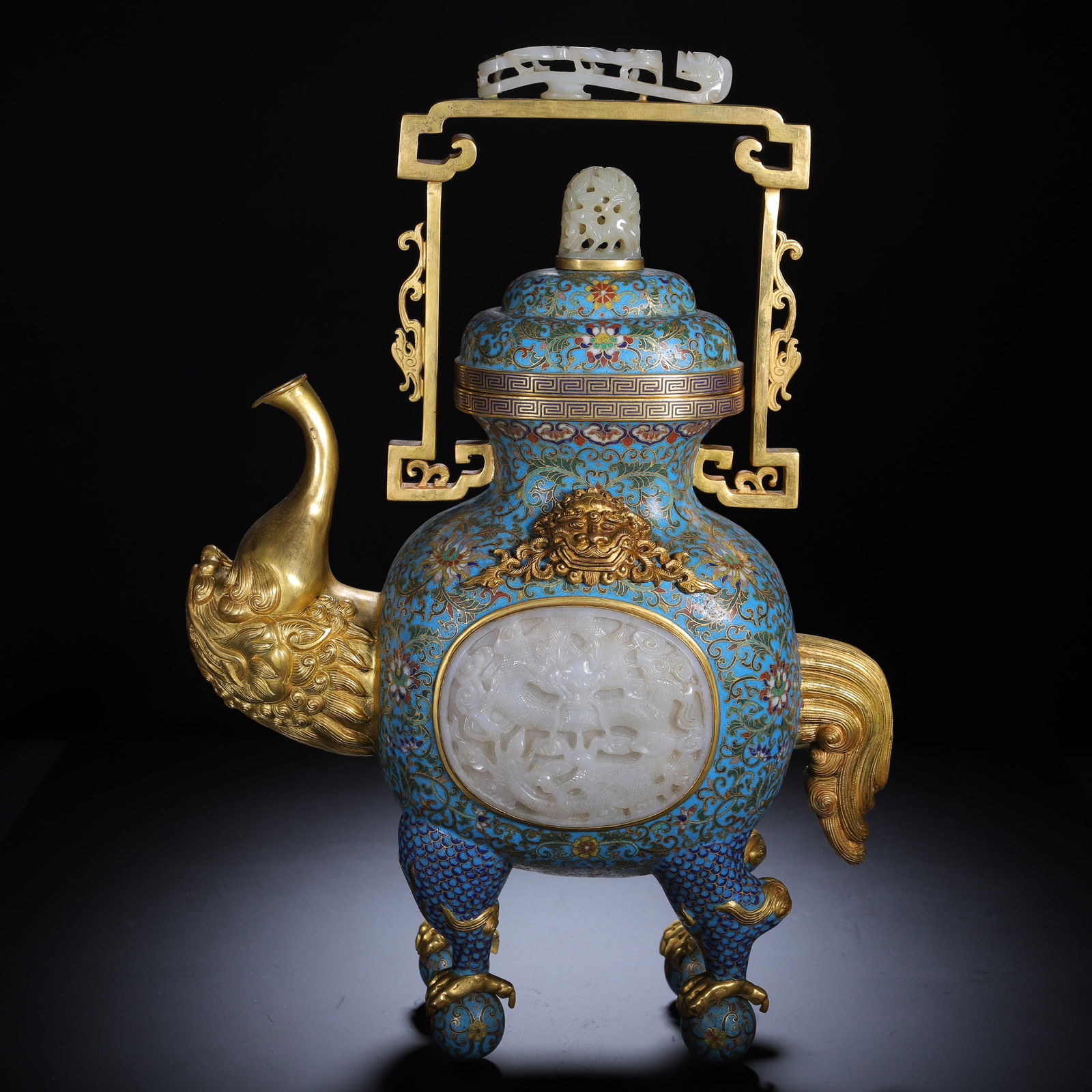 Bronze Cloisonne Inlaid Jade Carved Dragon Pattern Handle Pot: Bronze Cloisonne Inlaid Jade Carved Dragon Pattern Handle Pot (30 x 15 x 41cm)