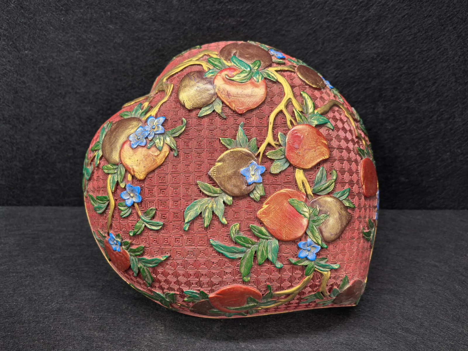 Lacquerware Red Carved Peach Pattern Lid Box - 11
