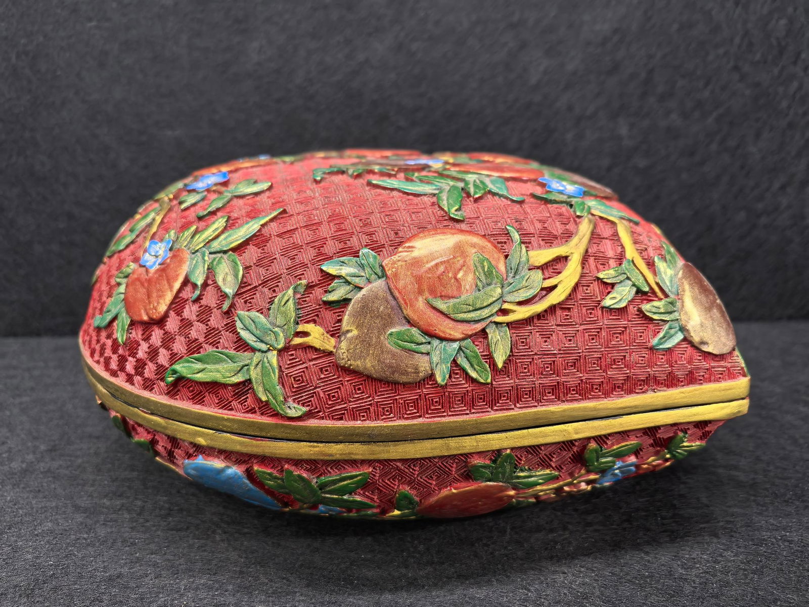 Lacquerware Red Carved Peach Pattern Lid Box - 13